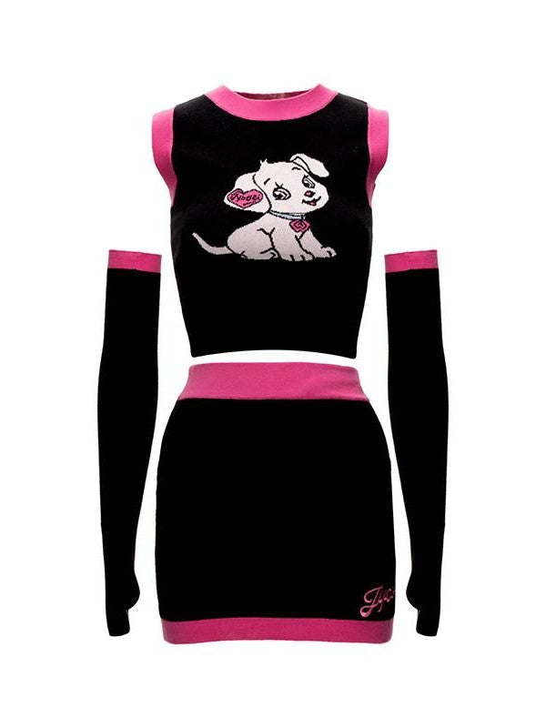 JYOSEI Cartoon Animal Jacquard Patchwork Puff Sleeve Slim Women&