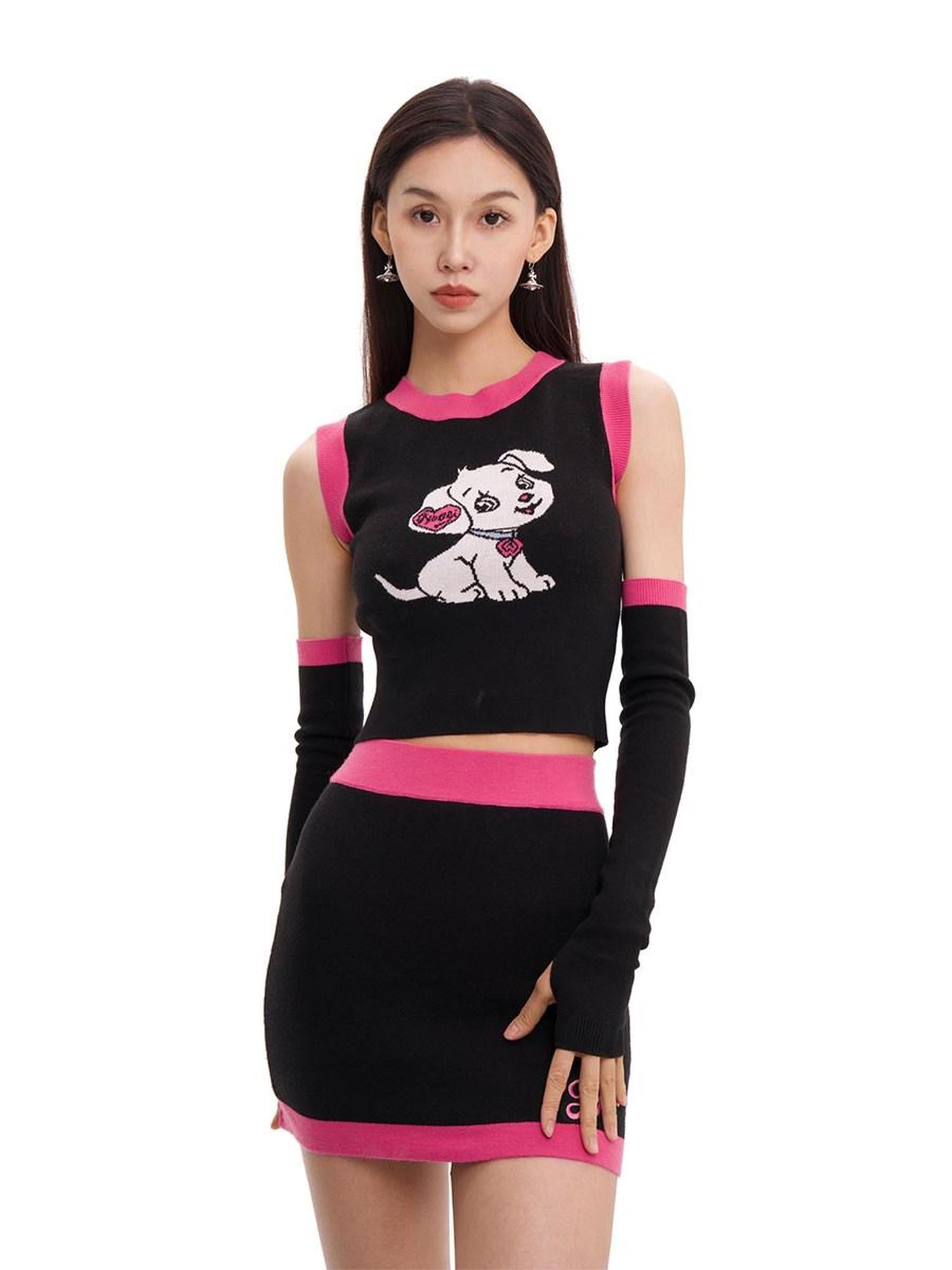 JYOSEI Cartoon Animal Jacquard Patchwork Puff Sleeve Slim Women&