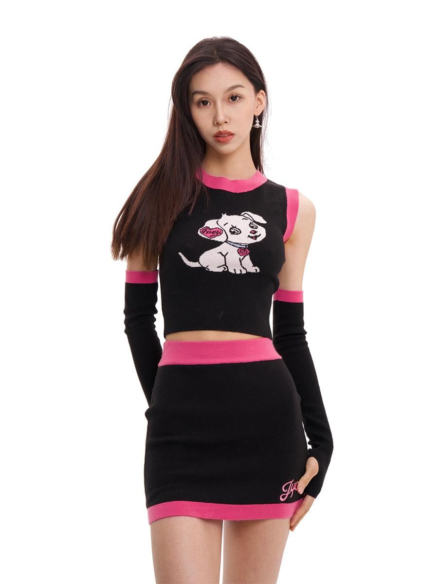 JYOSEI Cartoon Animal Jacquard Patchwork Puff Sleeve Slim Women&