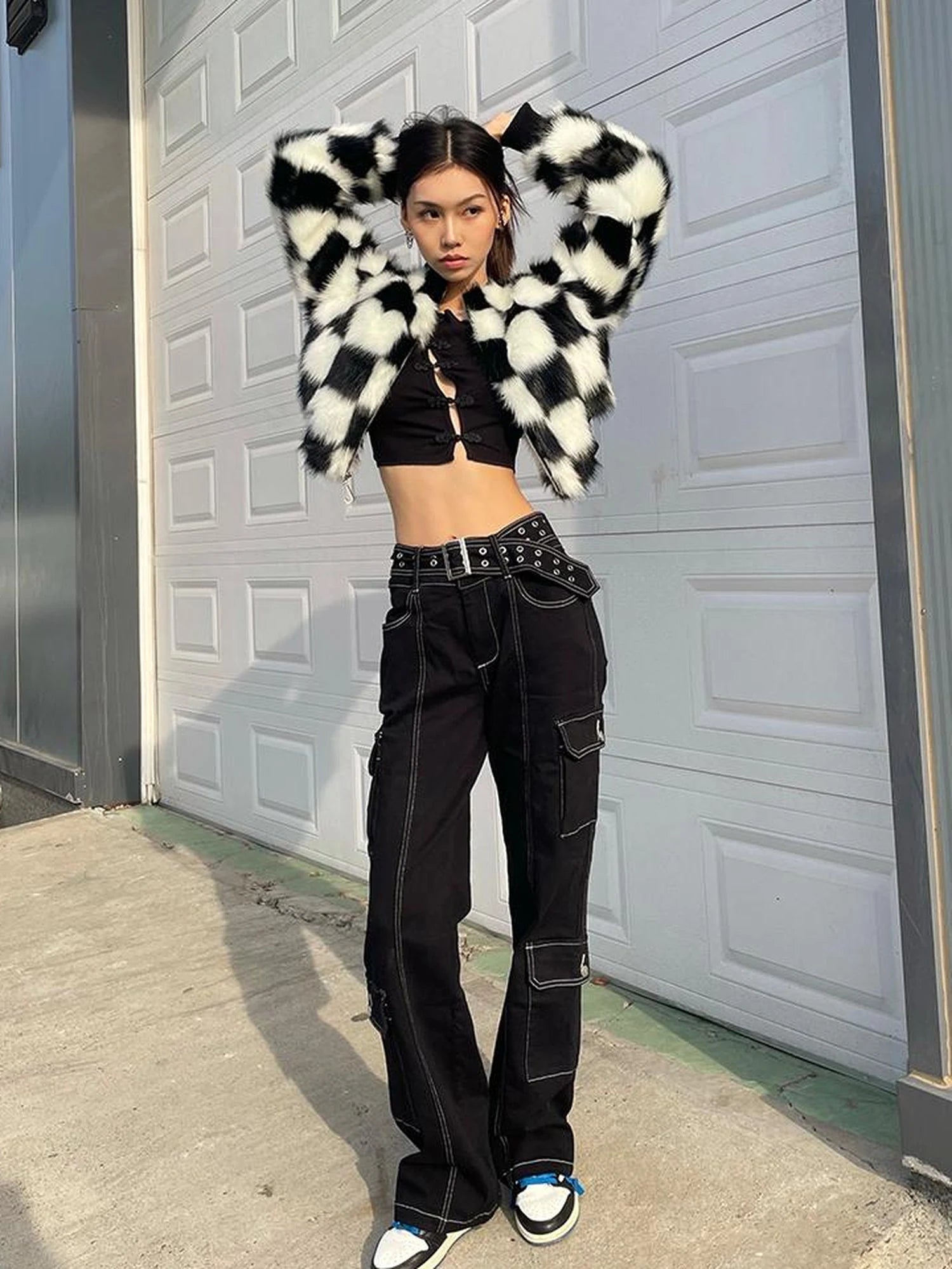 Checkerboard Faux Mink Quilted Jacket Women Winter Short Coat