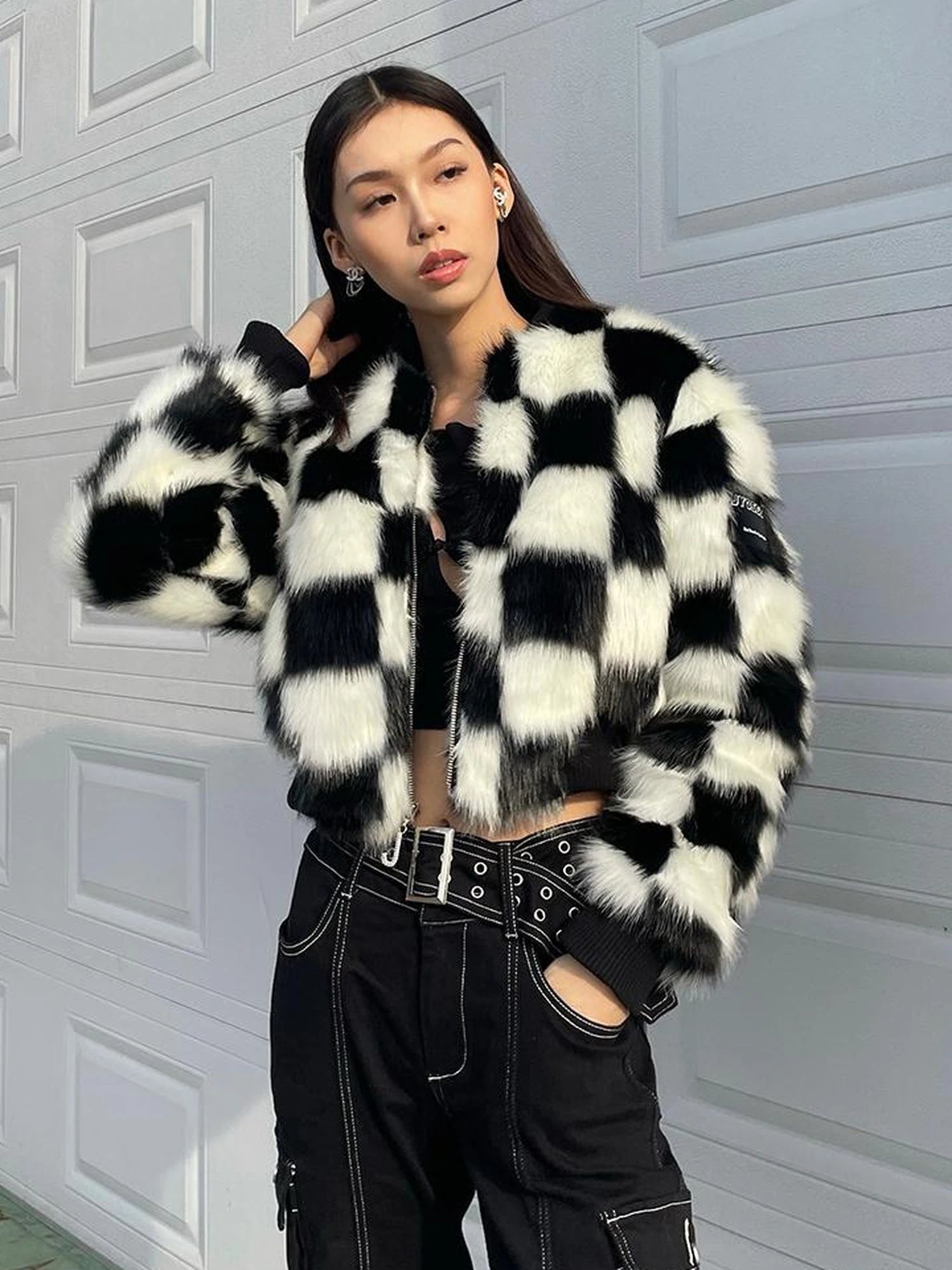 Checkerboard Faux Mink Quilted Jacket Women Winter Short Coat