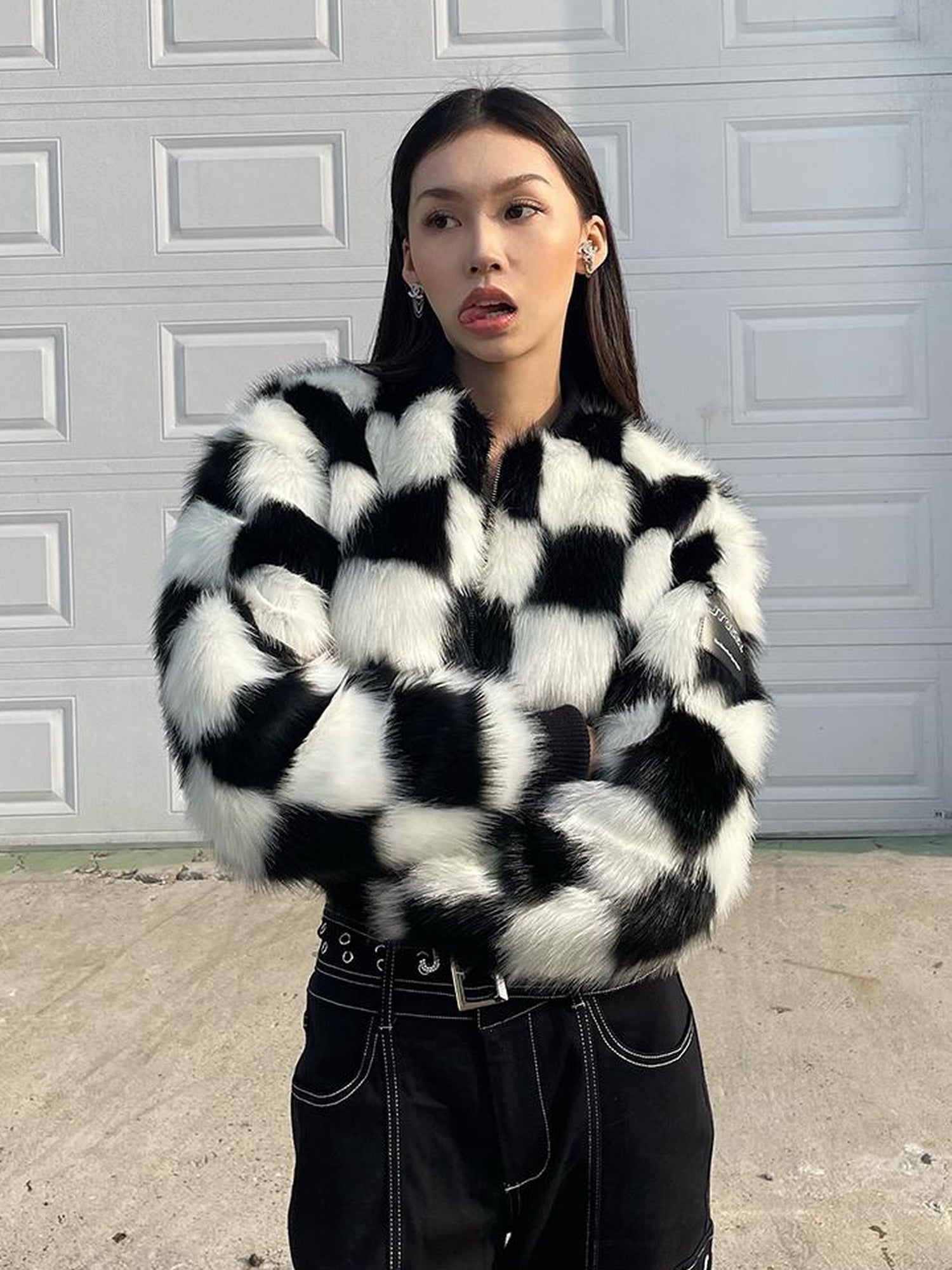 JYOSEI Checkerboard Faux Mink Quilted Jacket Women Winter Short Coat