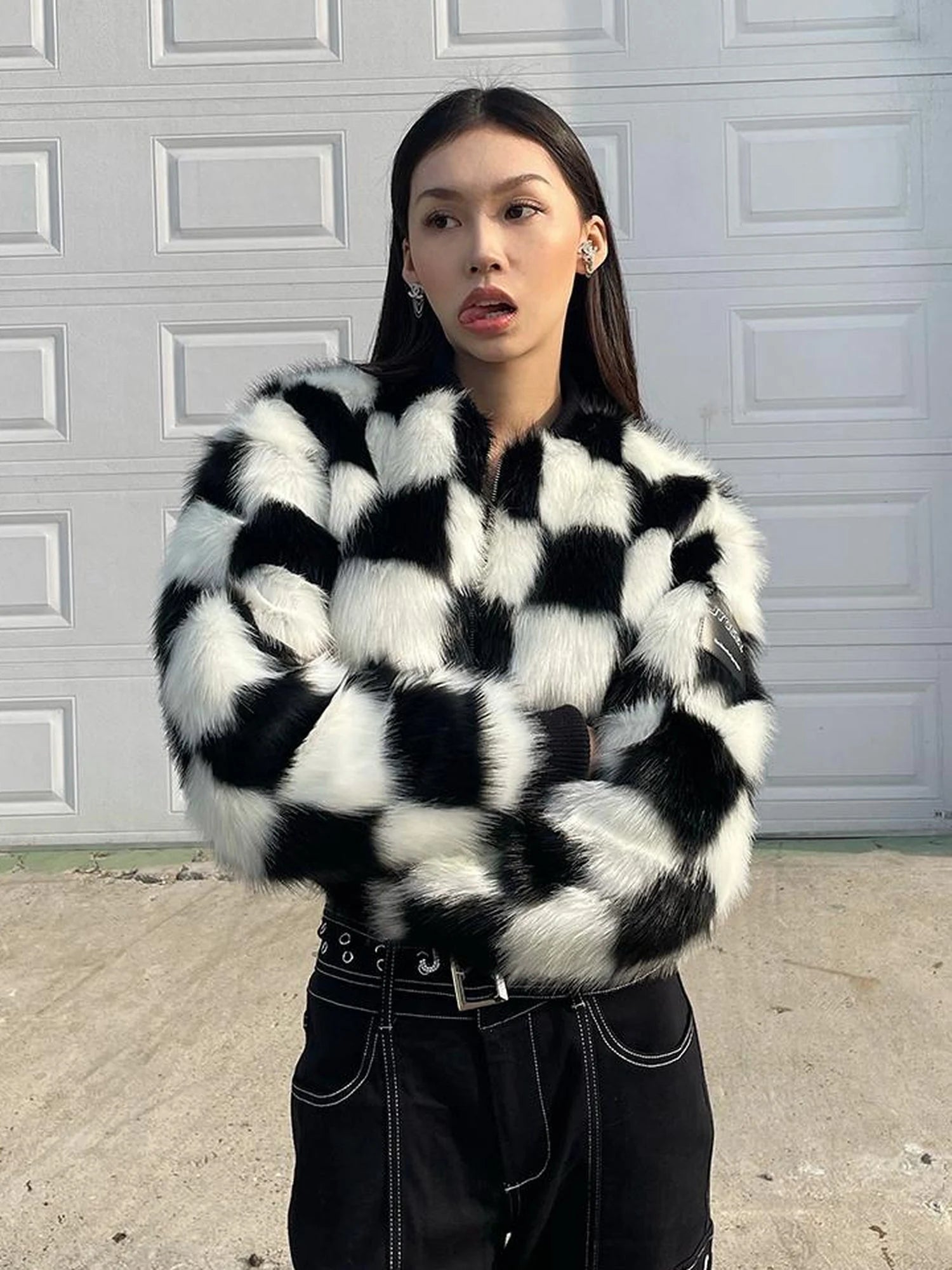 Checkerboard Faux Mink Quilted Jacket Women Winter Short Coat