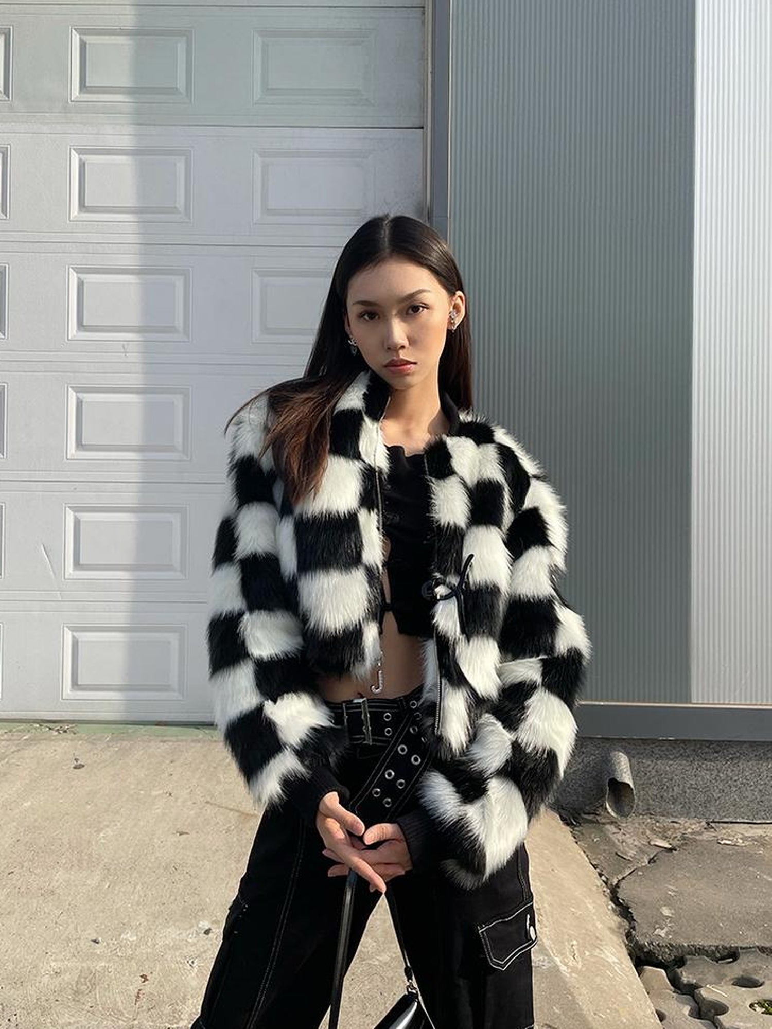 JYOSEI Checkerboard Faux Mink Quilted Jacket Women Winter Short Coat