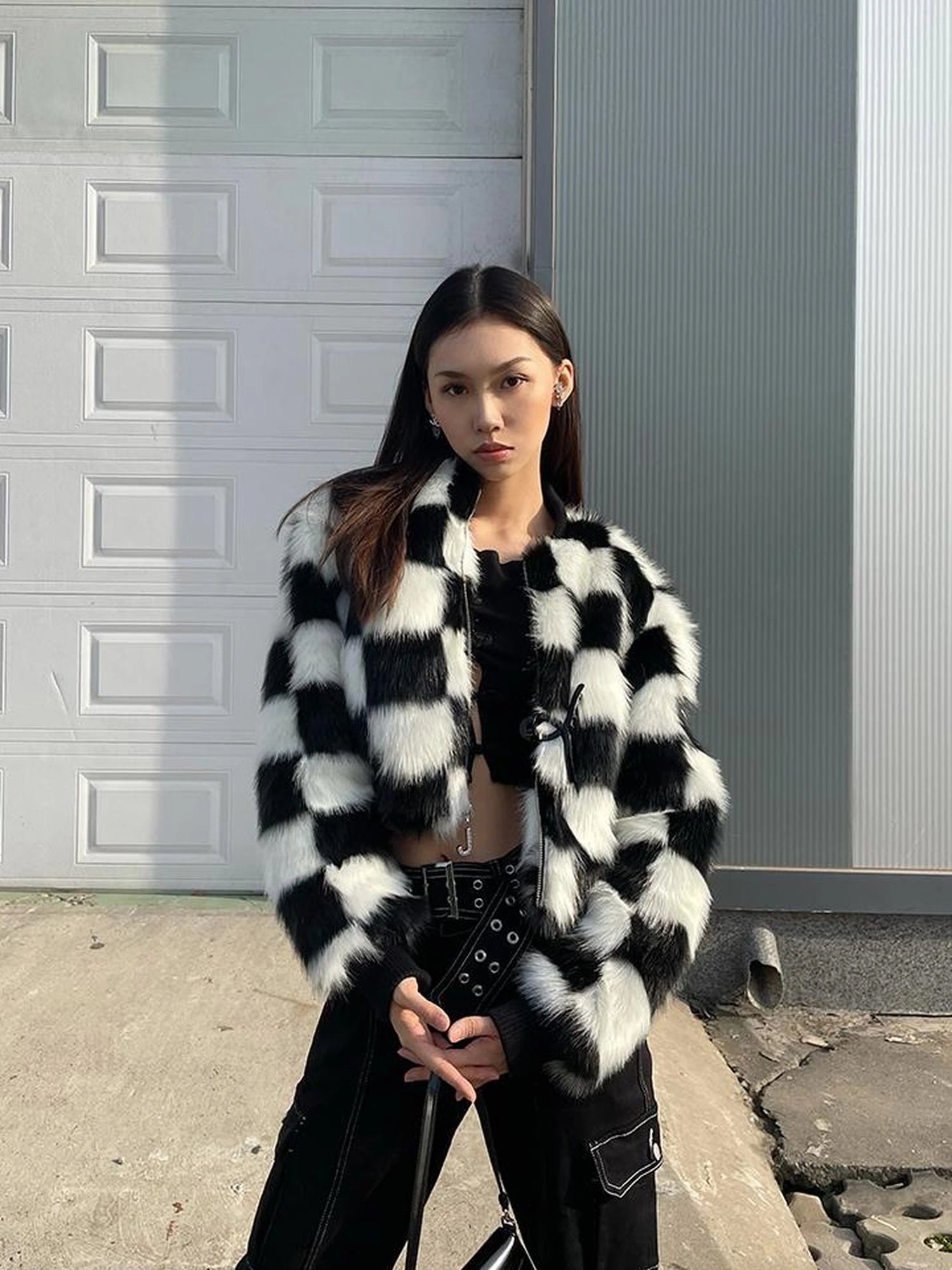 Checkerboard Faux Mink Quilted Jacket Women Winter Short Coat