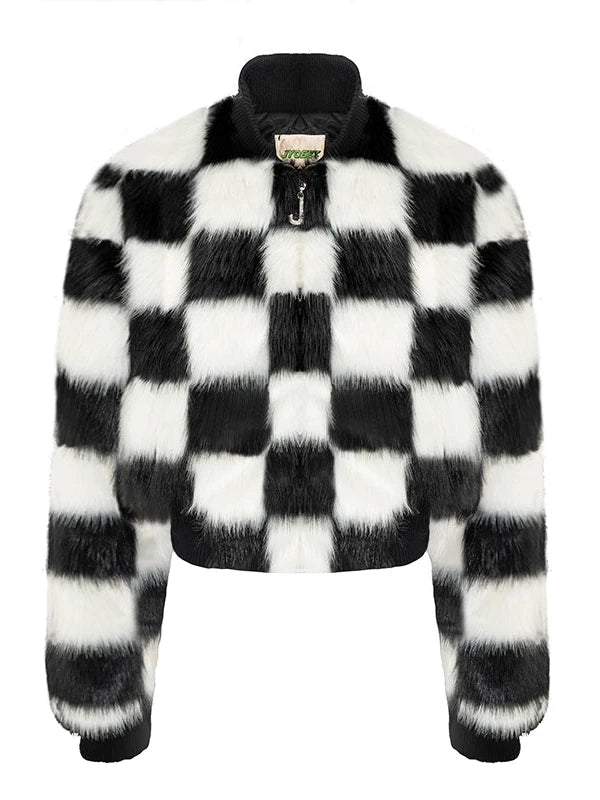 Checkerboard Faux Mink Quilted Jacket Women Winter Short Coat