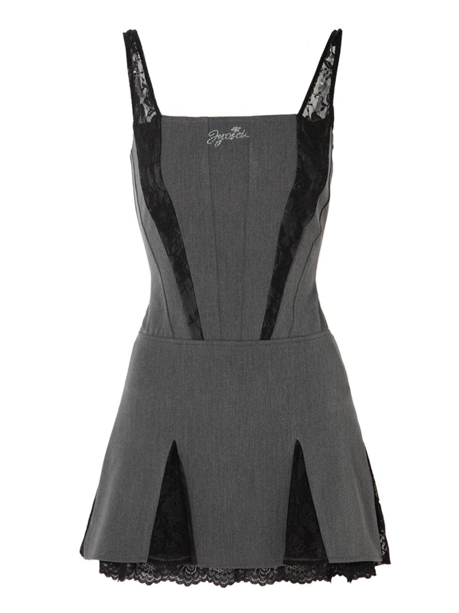 JYOSEI Chic Euro Spliced Pleated High Waist Aline Sleeveless Grey Women Mini Dresses