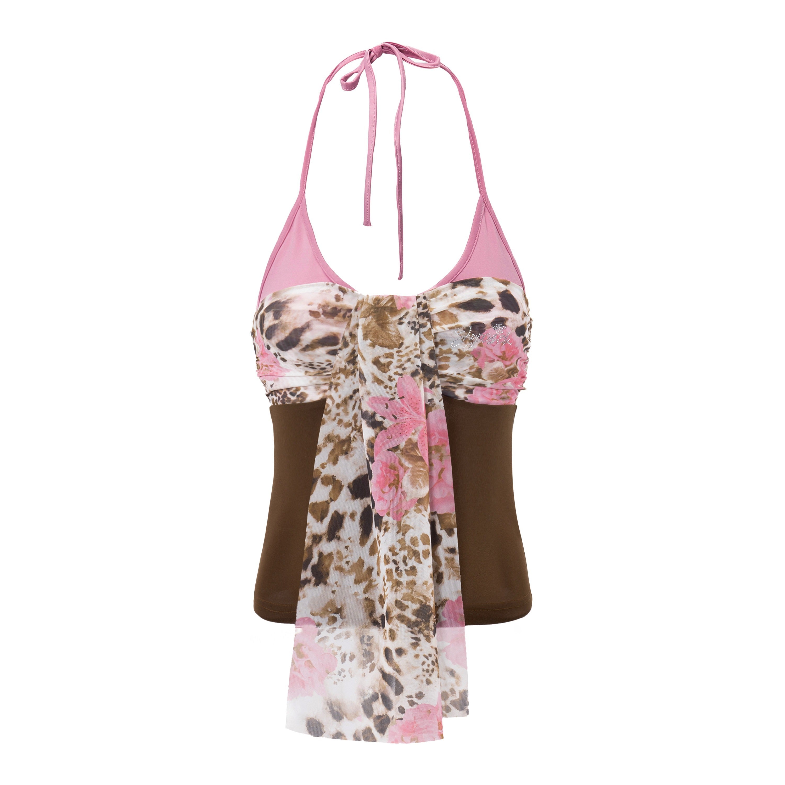 JYOSEI Colorblock Faux Two Piece Mesh Leopard Print Halter Women&