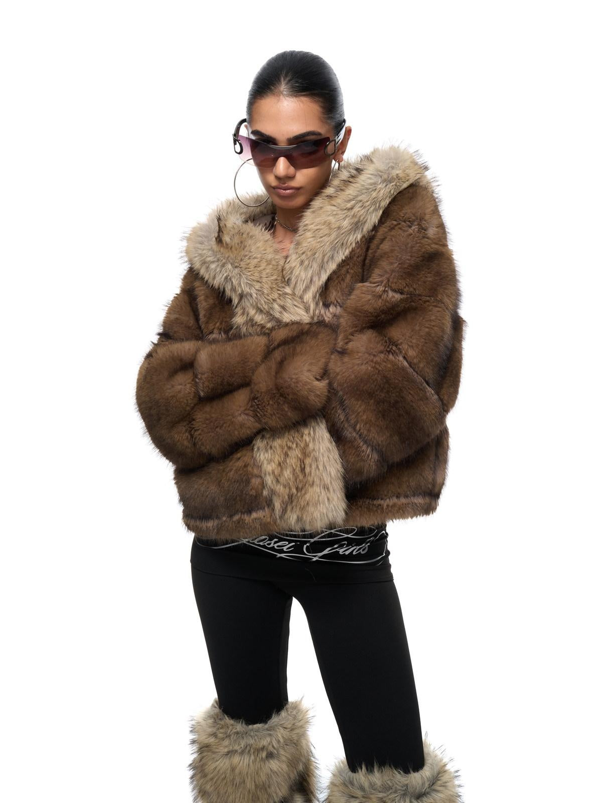 JYOSEI Cozy Hooded Colorblock Faux Fur Trim Oversized Womens Brown Puffer Jacket