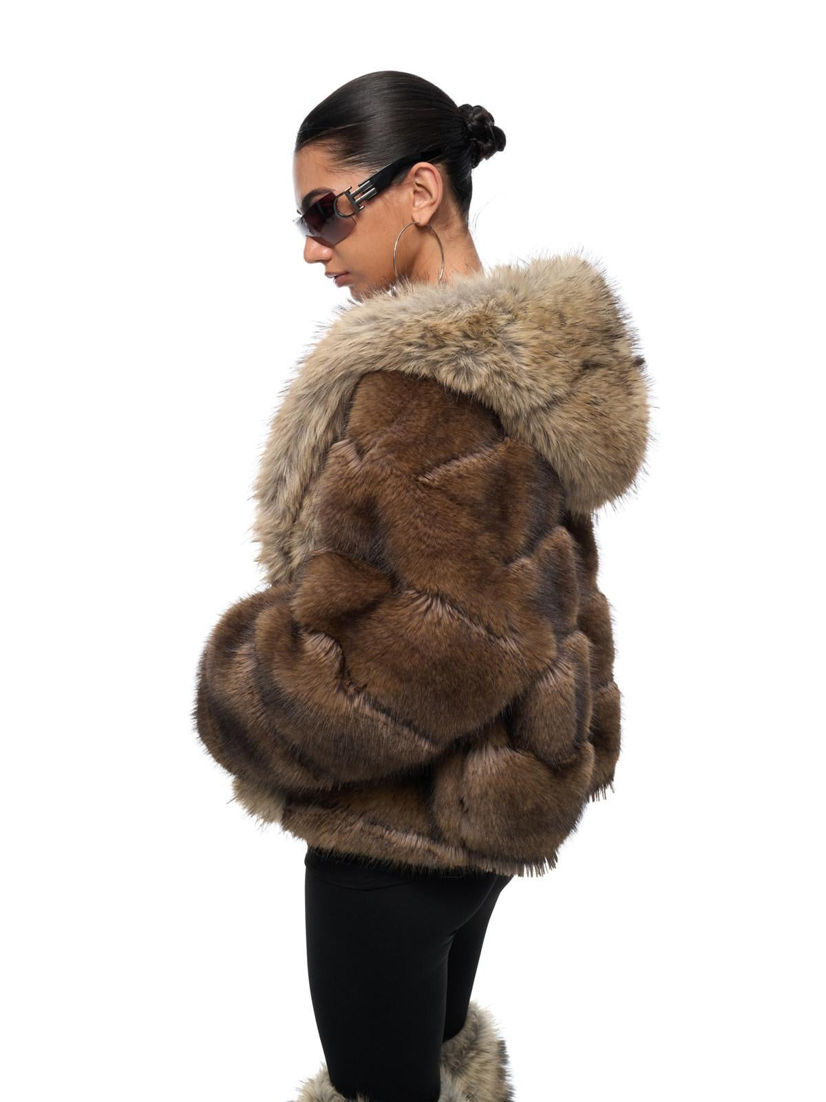 JYOSEI Cozy Hooded Colorblock Faux Fur Trim Oversized Womens Brown Puffer Jacket