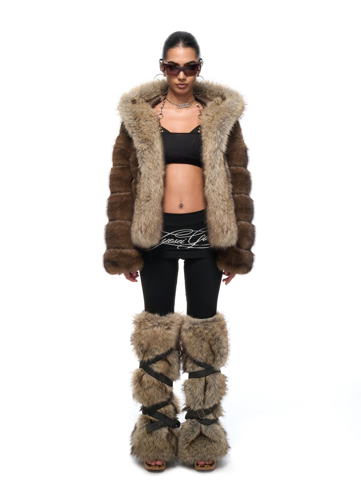 JYOSEI Cozy Hooded Colorblock Faux Fur Trim Oversized Womens Brown Puffer Jacket