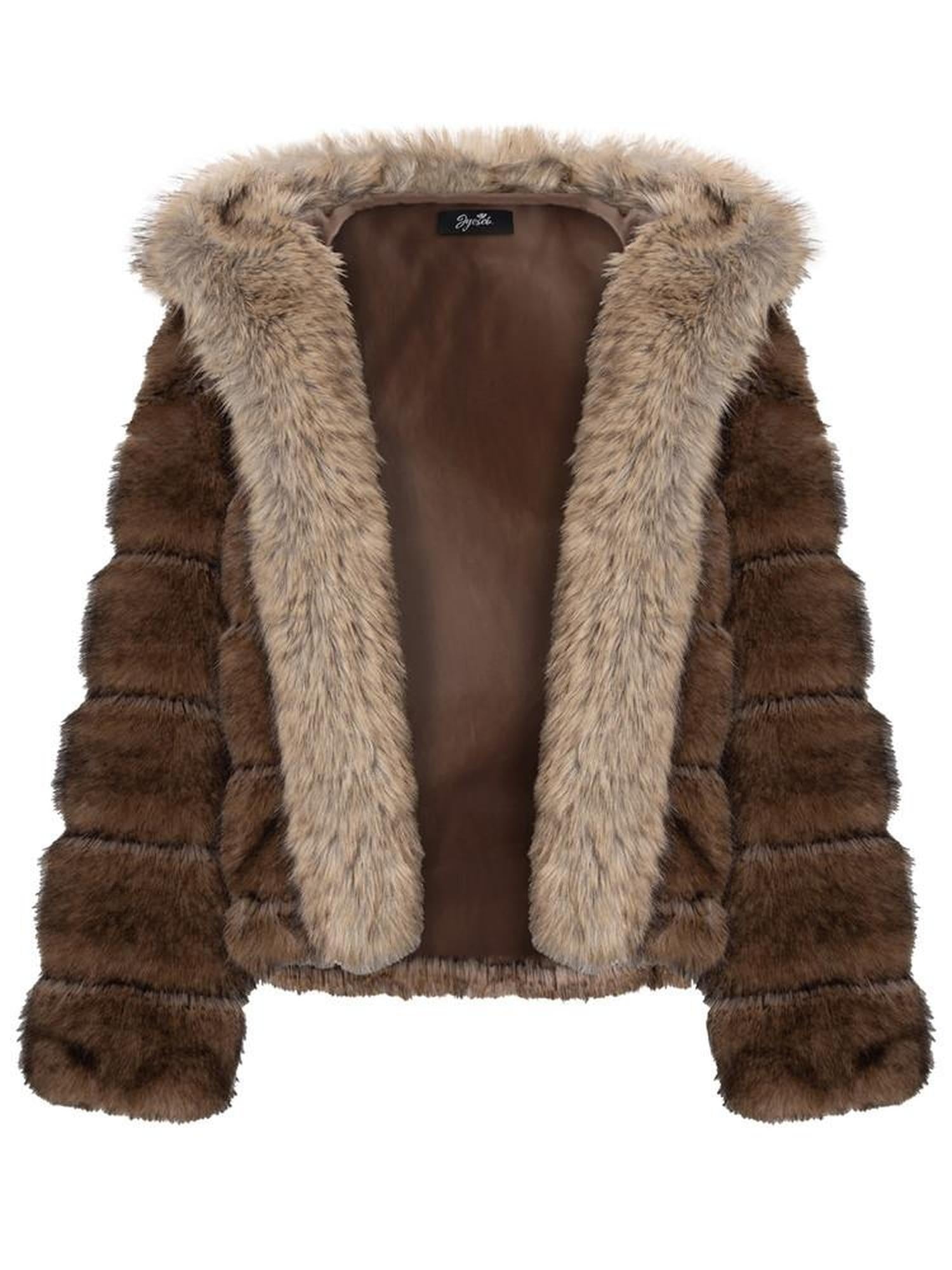 JYOSEI Cozy Hooded Colorblock Faux Fur Trim Oversized Womens Brown Puffer Jacket