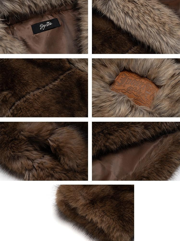 JYOSEI Cozy Hooded Colorblock Faux Fur Trim Oversized Womens Brown Puffer Jacket