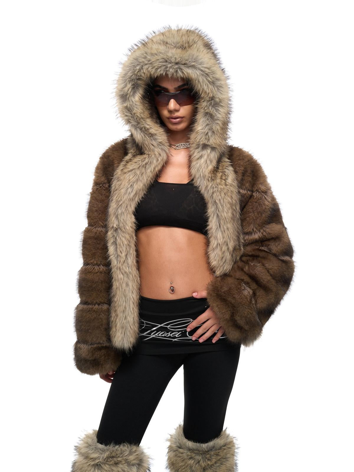 JYOSEI Cozy Hooded Colorblock Faux Fur Trim Oversized Womens Brown Puffer Jacket
