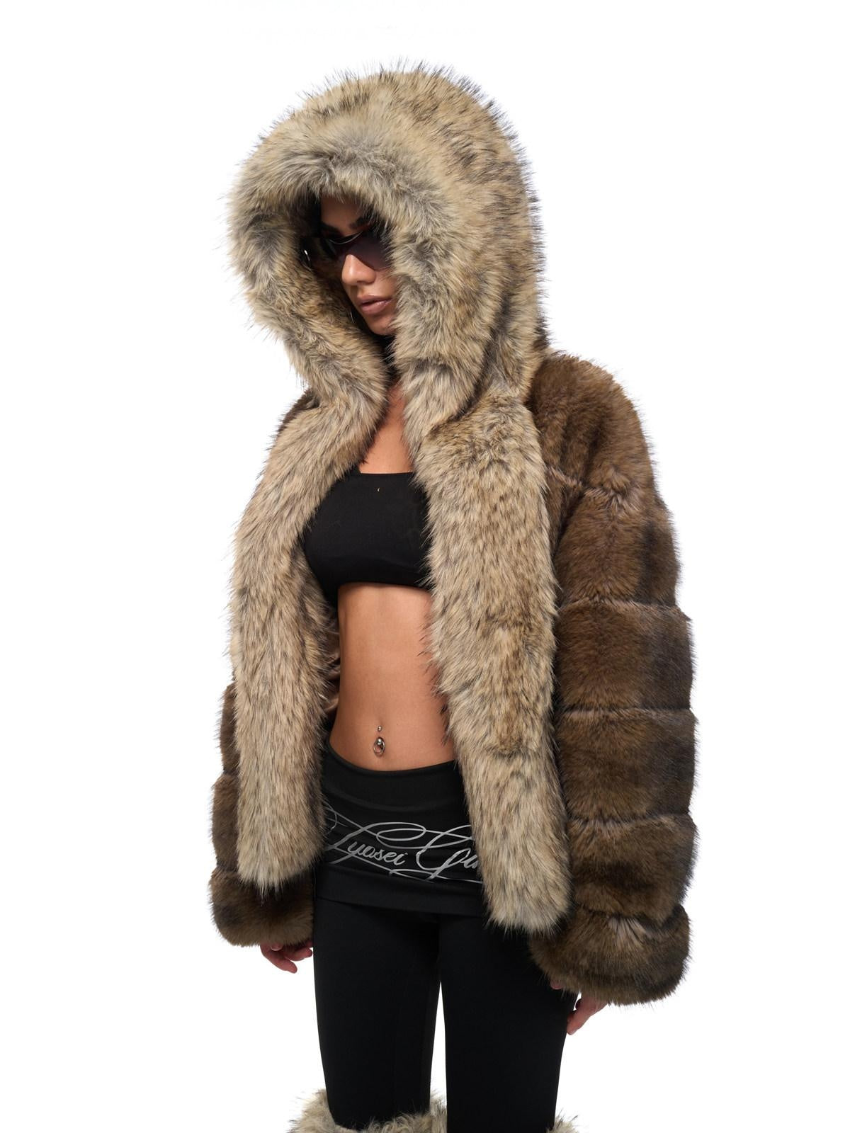 JYOSEI Cozy Hooded Colorblock Faux Fur Trim Oversized Womens Brown Puffer Jacket