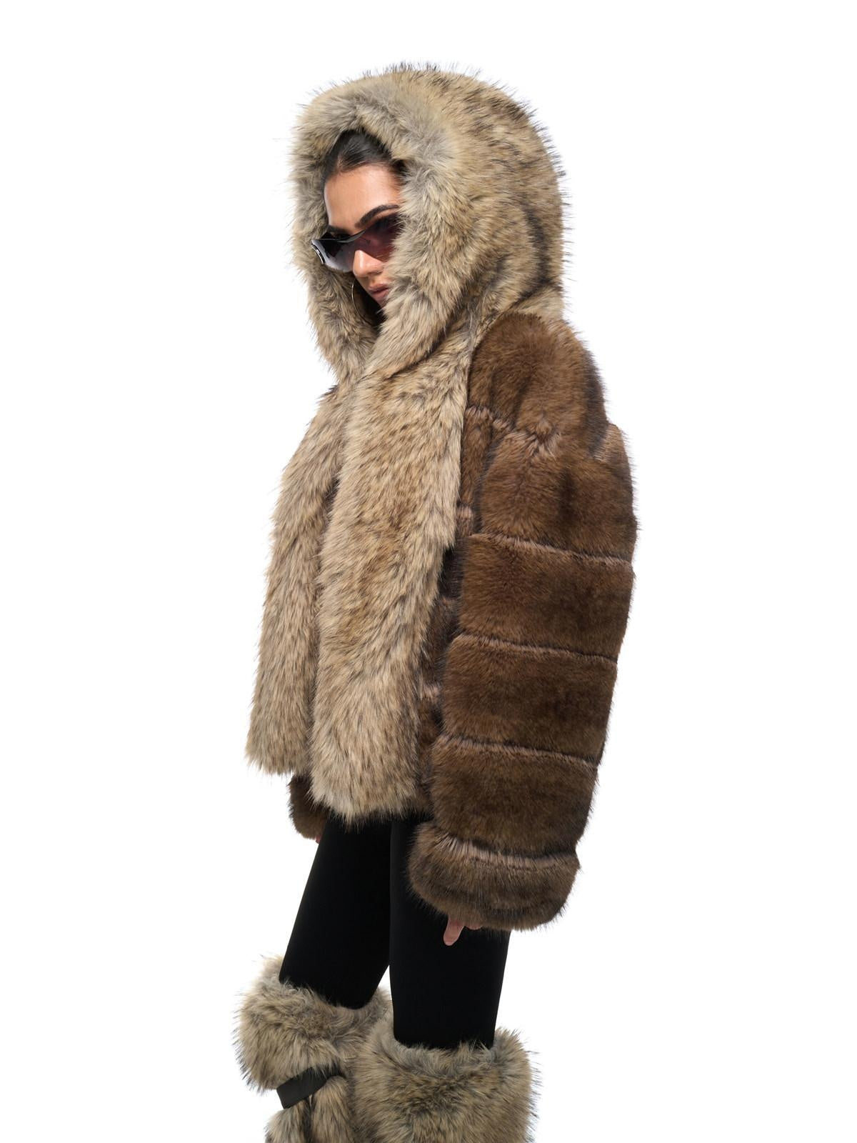 JYOSEI Cozy Hooded Colorblock Faux Fur Trim Oversized Womens Brown Puffer Jacket