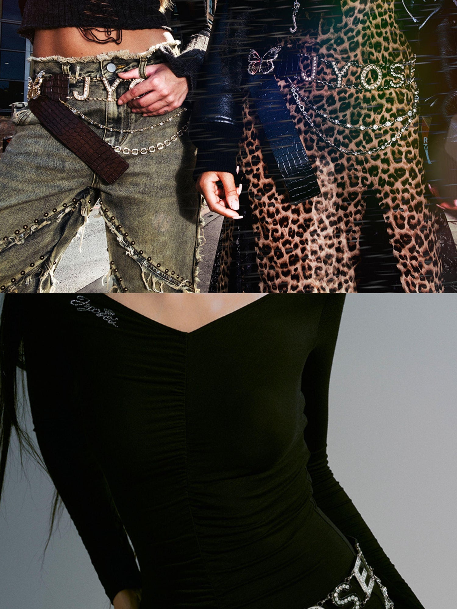 JYOSEI Croc Embossed Butterfly Crystal Buckle Pu Leather Belt