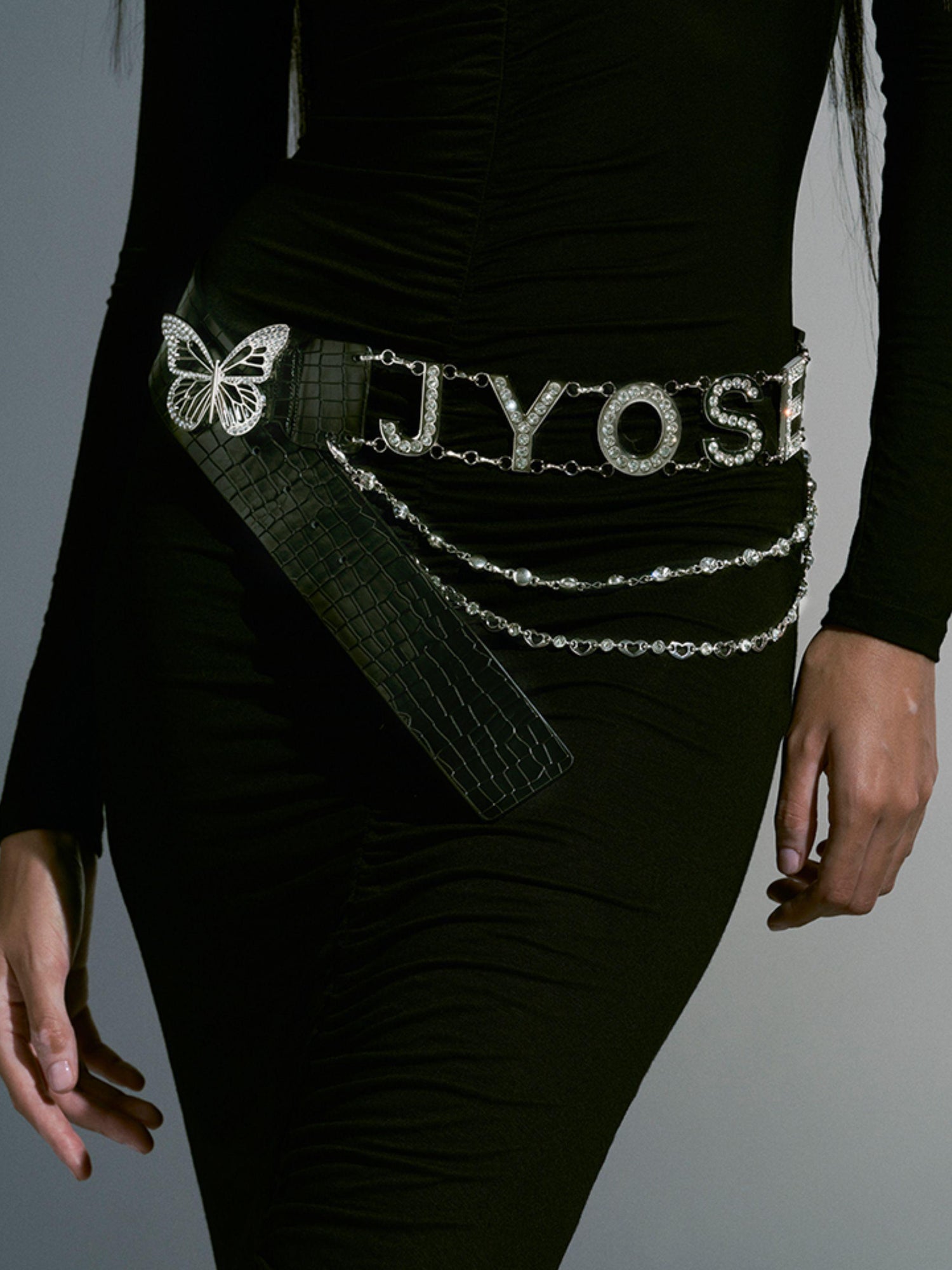 JYOSEI Croc Embossed Butterfly Crystal Buckle Pu Leather Belt