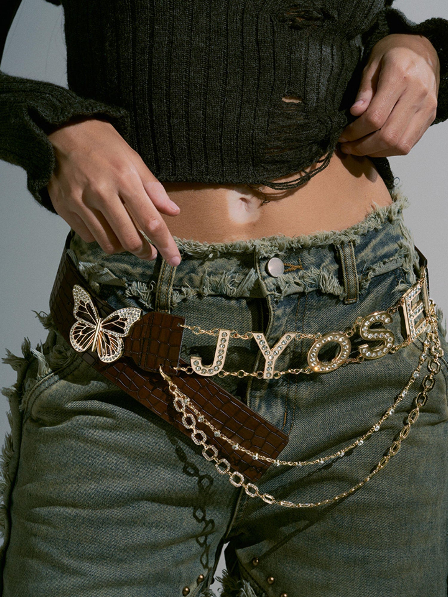 JYOSEI Croc Embossed Butterfly Crystal Buckle Pu Leather Belt