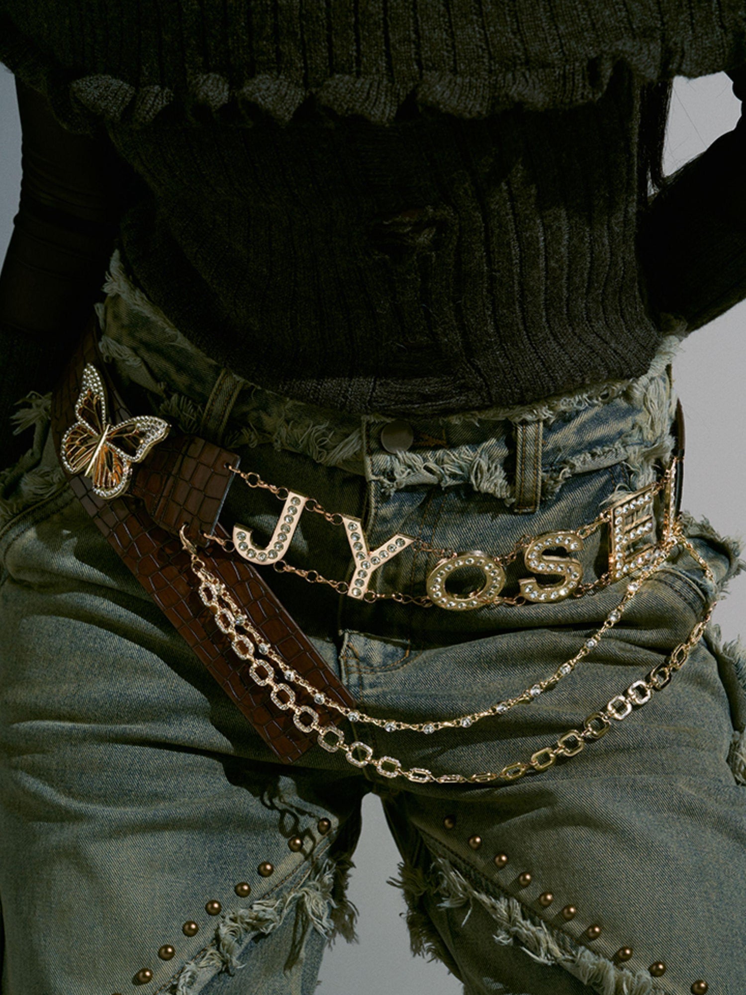 JYOSEI Croc Embossed Butterfly Crystal Buckle Pu Leather Belt