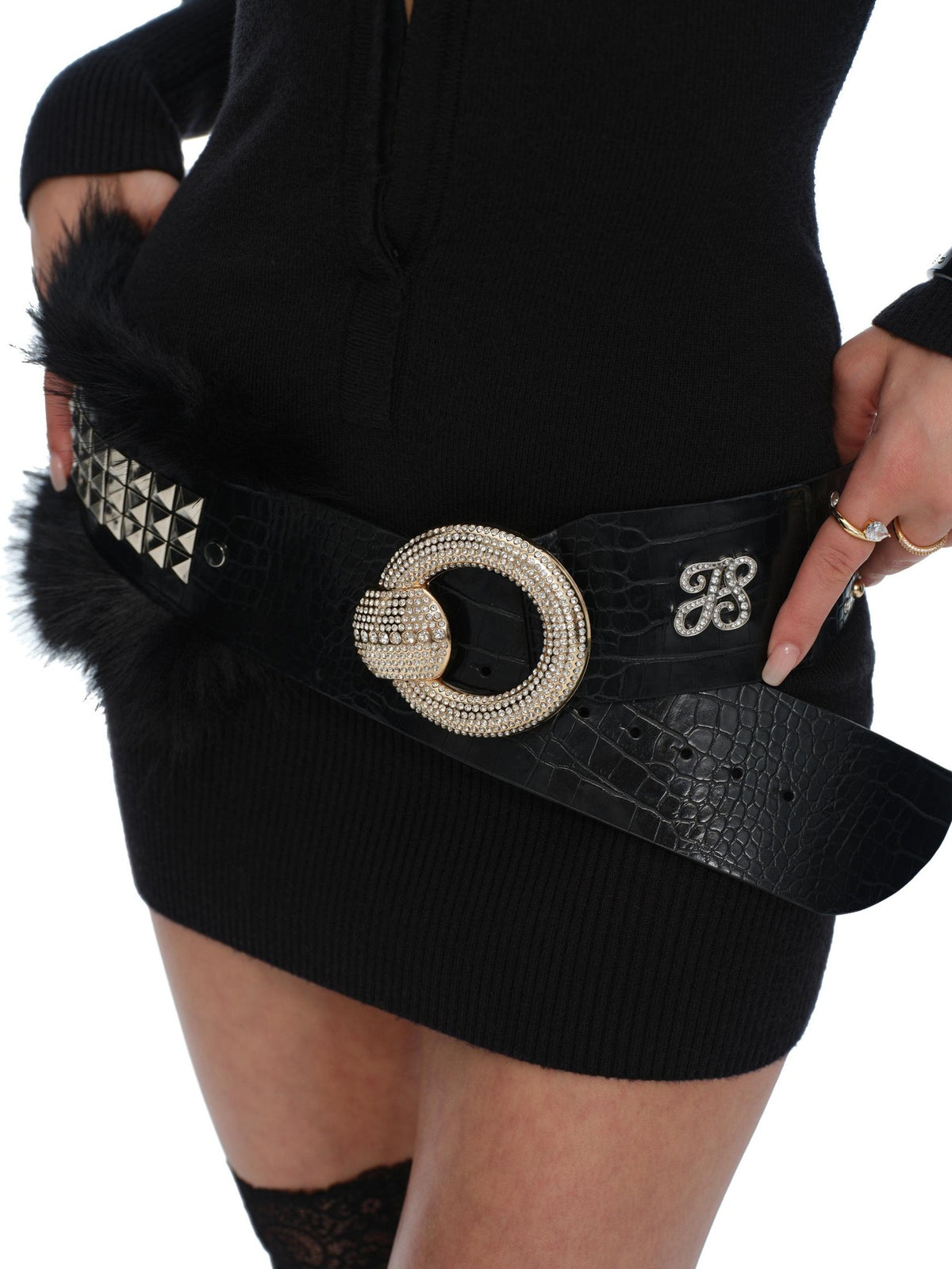 JYOSEI Crocodile Embossed Detachable Fur Heavy Duty Black Pu Leather O Ring Women&