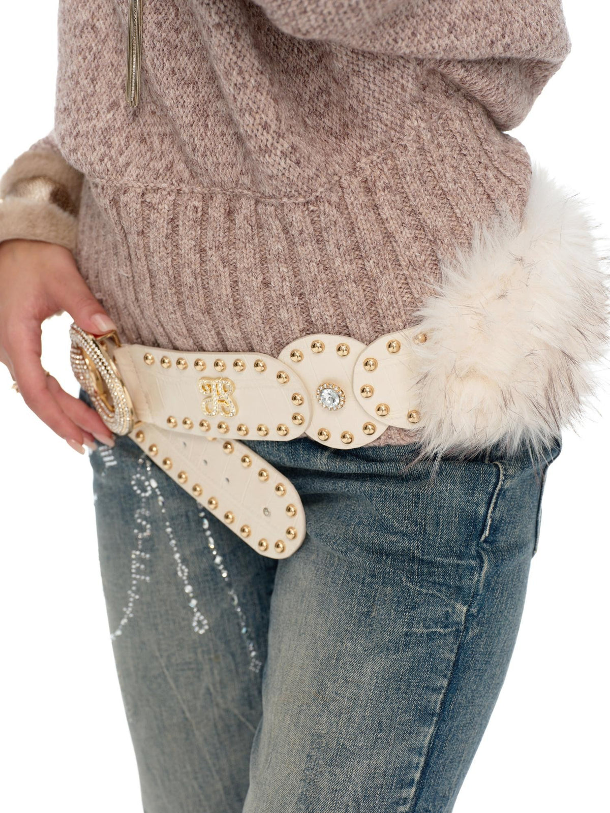 JYOSEI Crocodile Embossed Gold Studded Detachable Fluffy Pu Women&