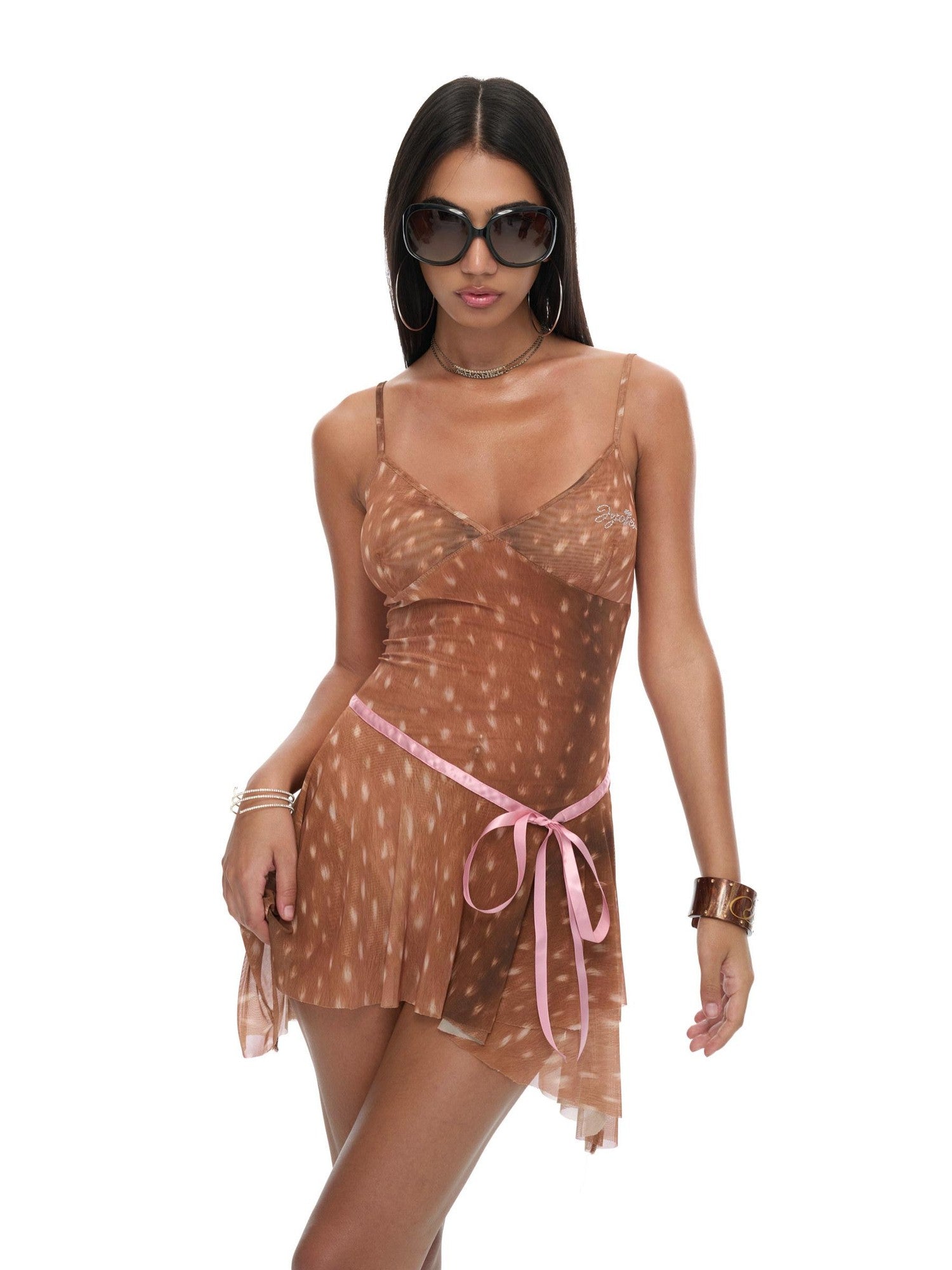 JYOSEI Deer Print Asymmetrical Hem Pink Ribbon Women&