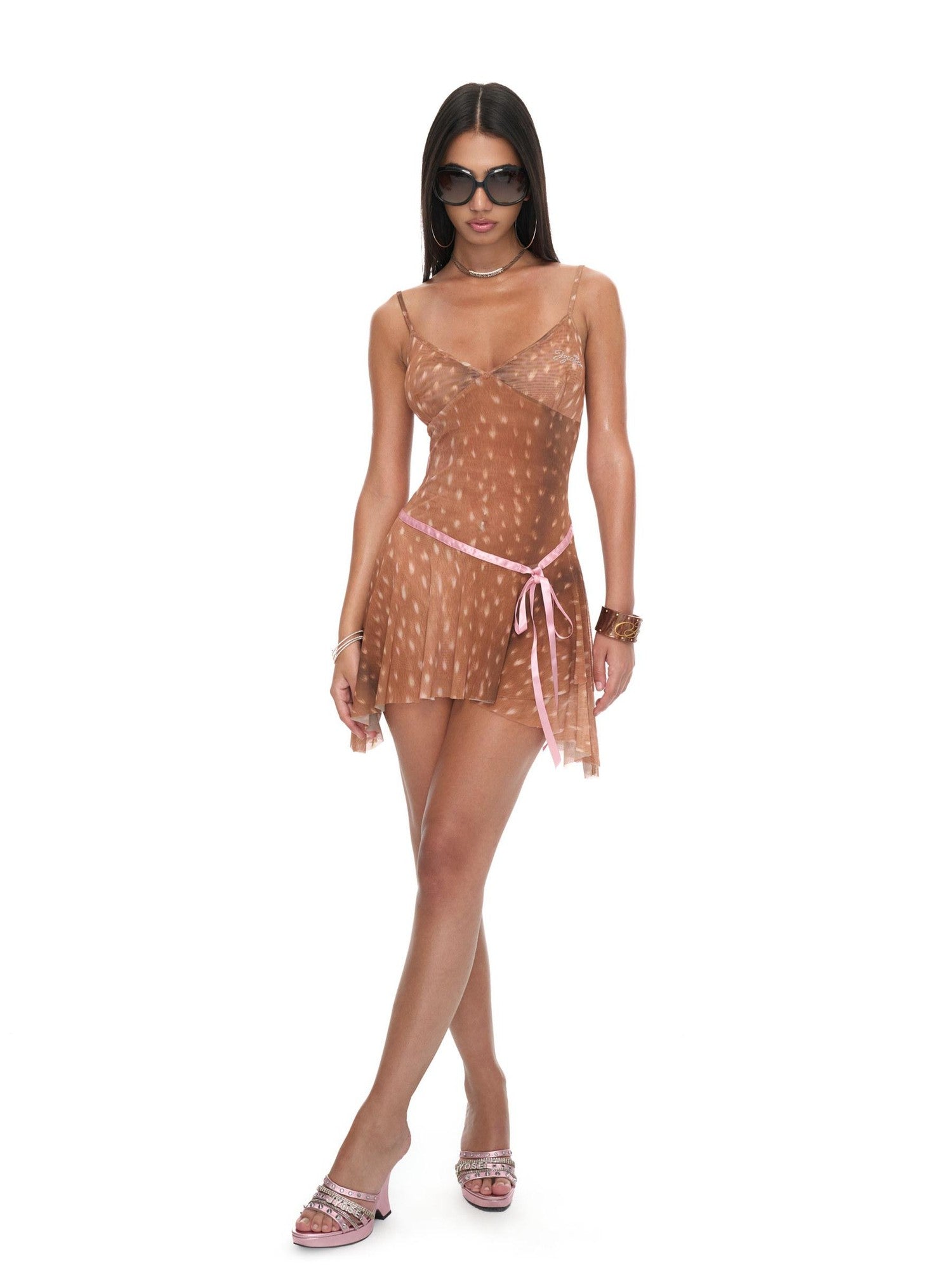 JYOSEI Deer Print Asymmetrical Hem Pink Ribbon Women&