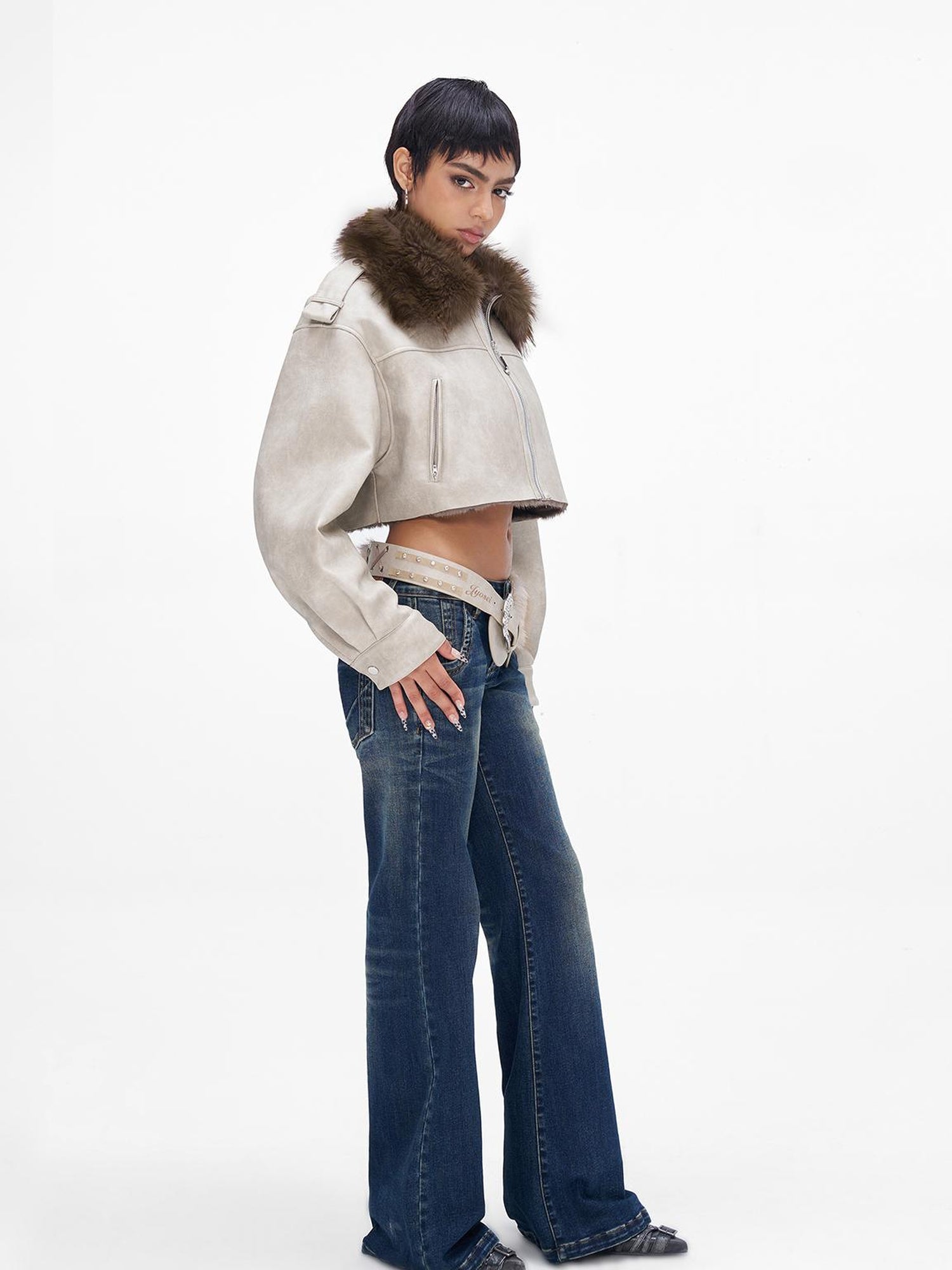 JYOSEI Distressed Boxy Cropped Leather Jacket With Fur Collar