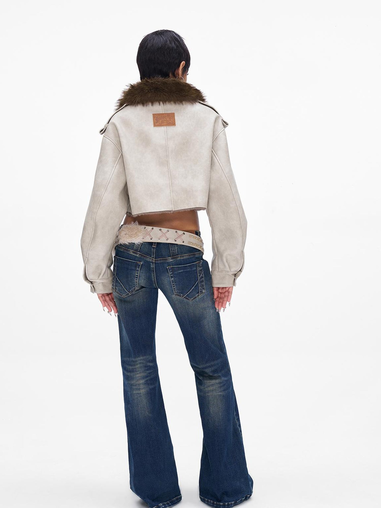 JYOSEI Distressed Boxy Cropped Leather Jacket With Fur Collar