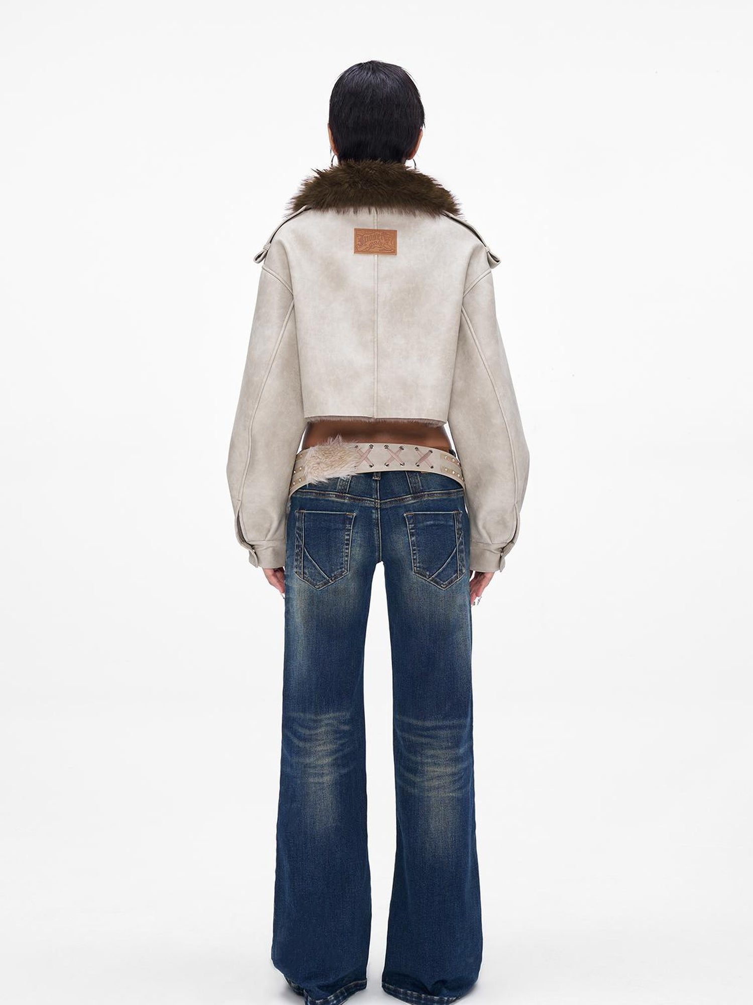 JYOSEI Distressed Boxy Cropped Leather Jacket With Fur Collar