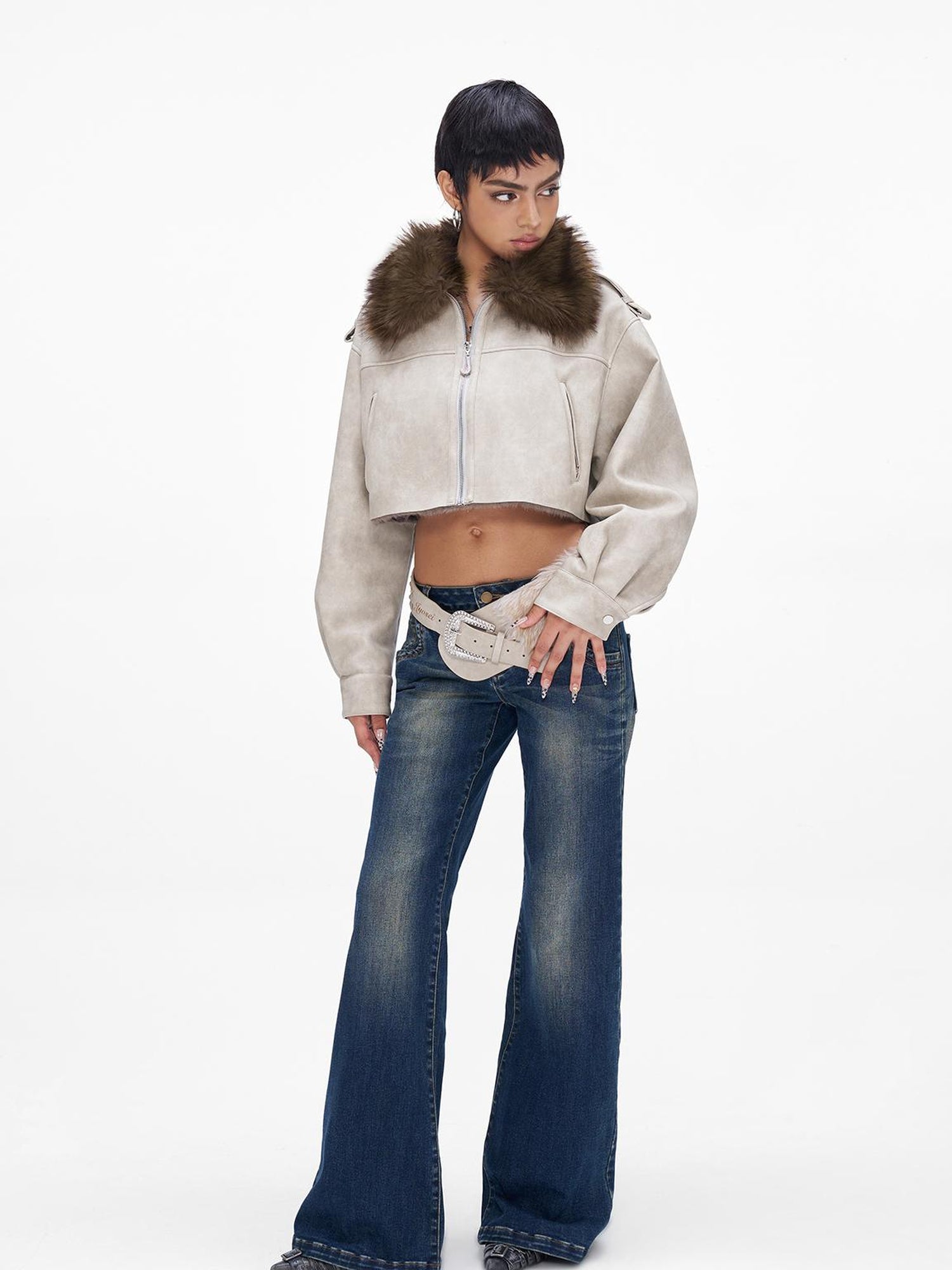JYOSEI Distressed Boxy Cropped Leather Jacket With Fur Collar