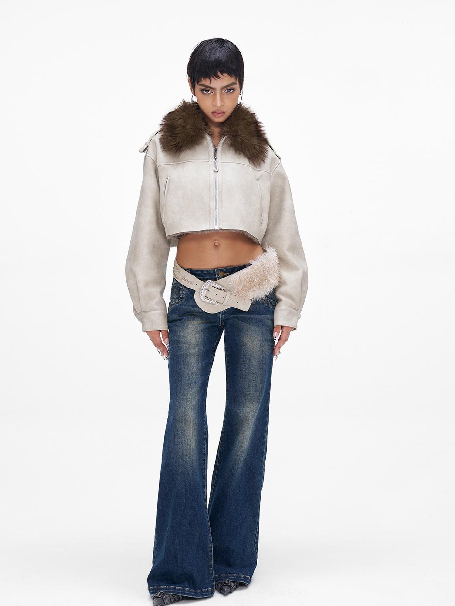 JYOSEI Distressed Boxy Cropped Leather Jacket With Fur Collar
