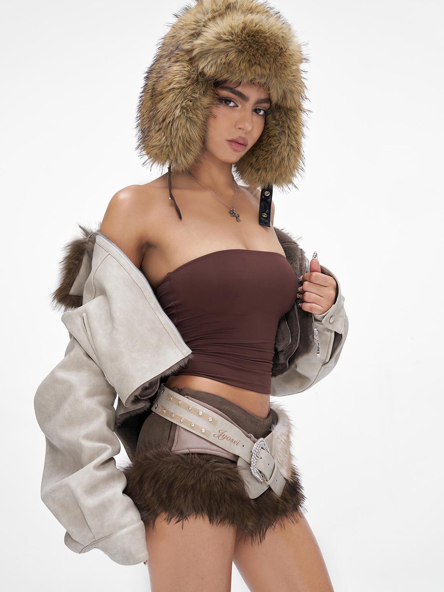 JYOSEI Distressed Boxy Cropped Leather Jacket With Fur Collar