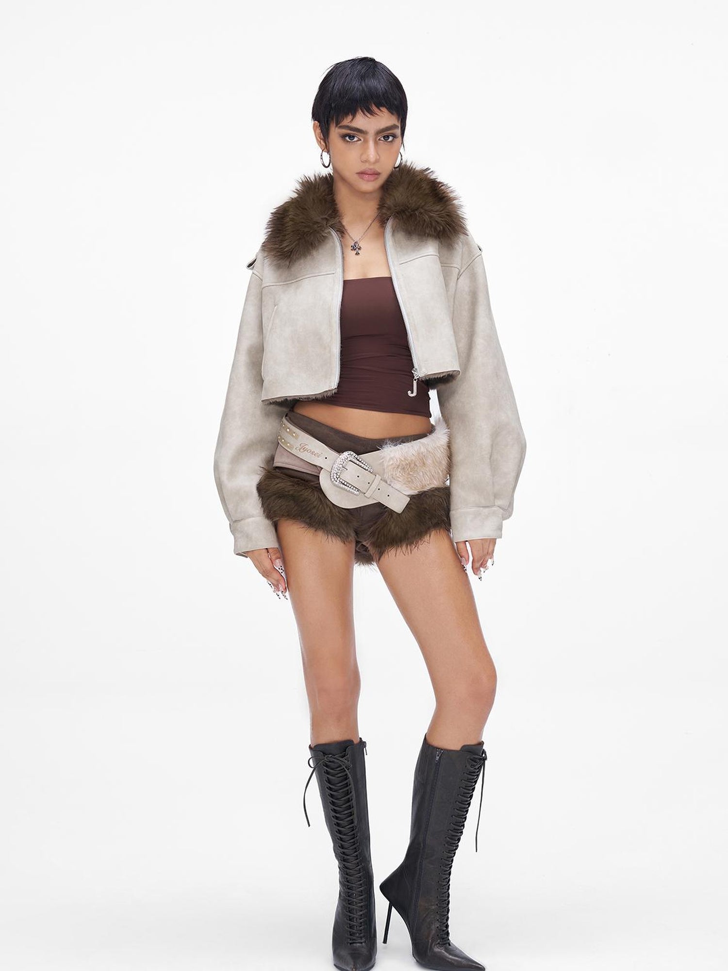 JYOSEI Distressed Boxy Cropped Leather Jacket With Fur Collar