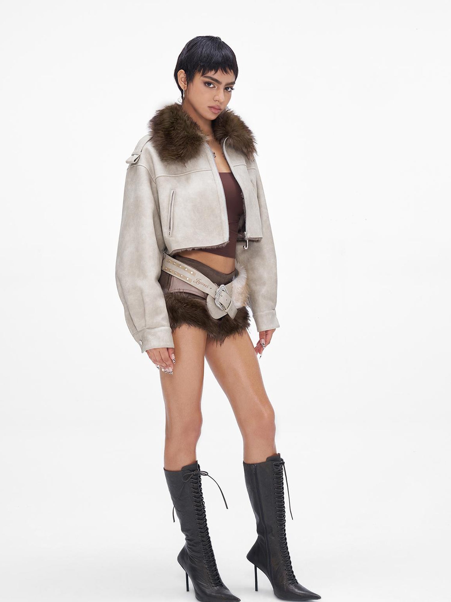 JYOSEI Distressed Boxy Cropped Leather Jacket With Fur Collar