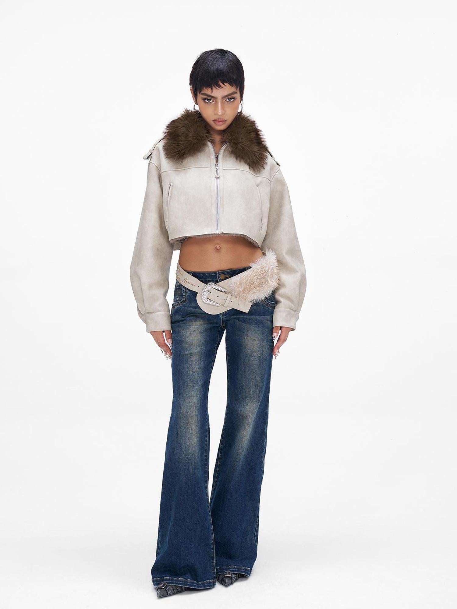 JYOSEI Distressed Boxy Cropped Leather Jacket With Fur Collar