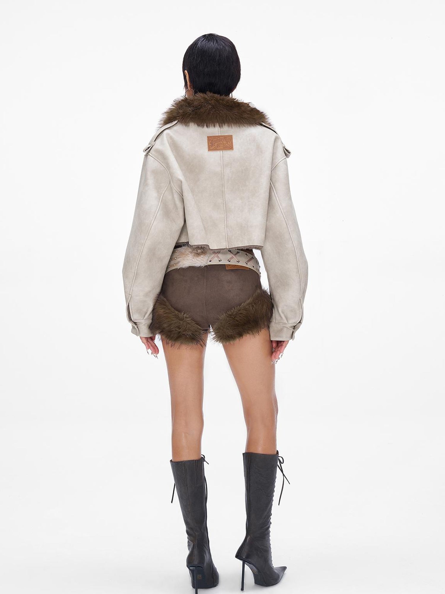 JYOSEI Distressed Boxy Cropped Leather Jacket With Fur Collar