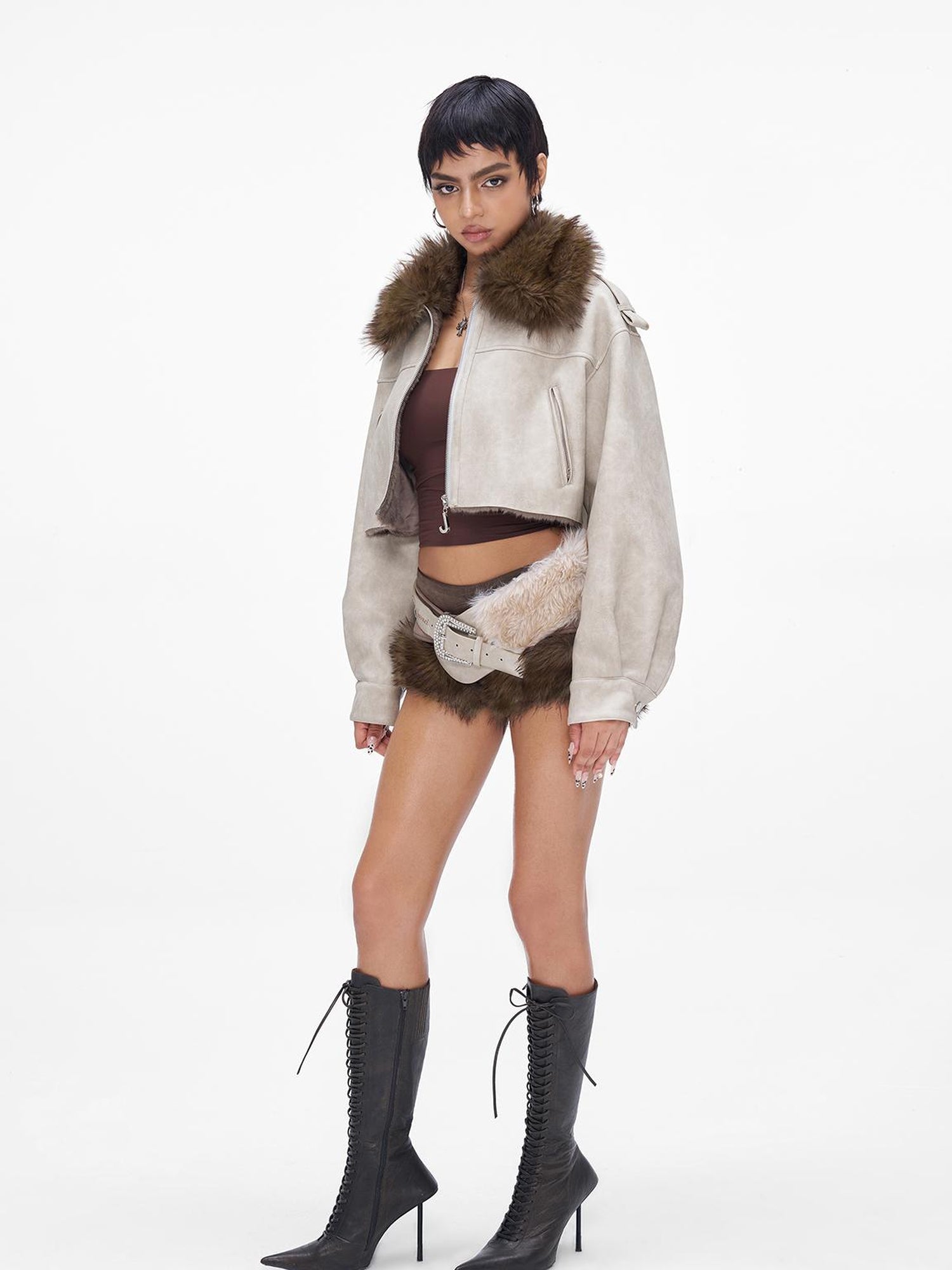 JYOSEI Distressed Boxy Cropped Leather Jacket With Fur Collar