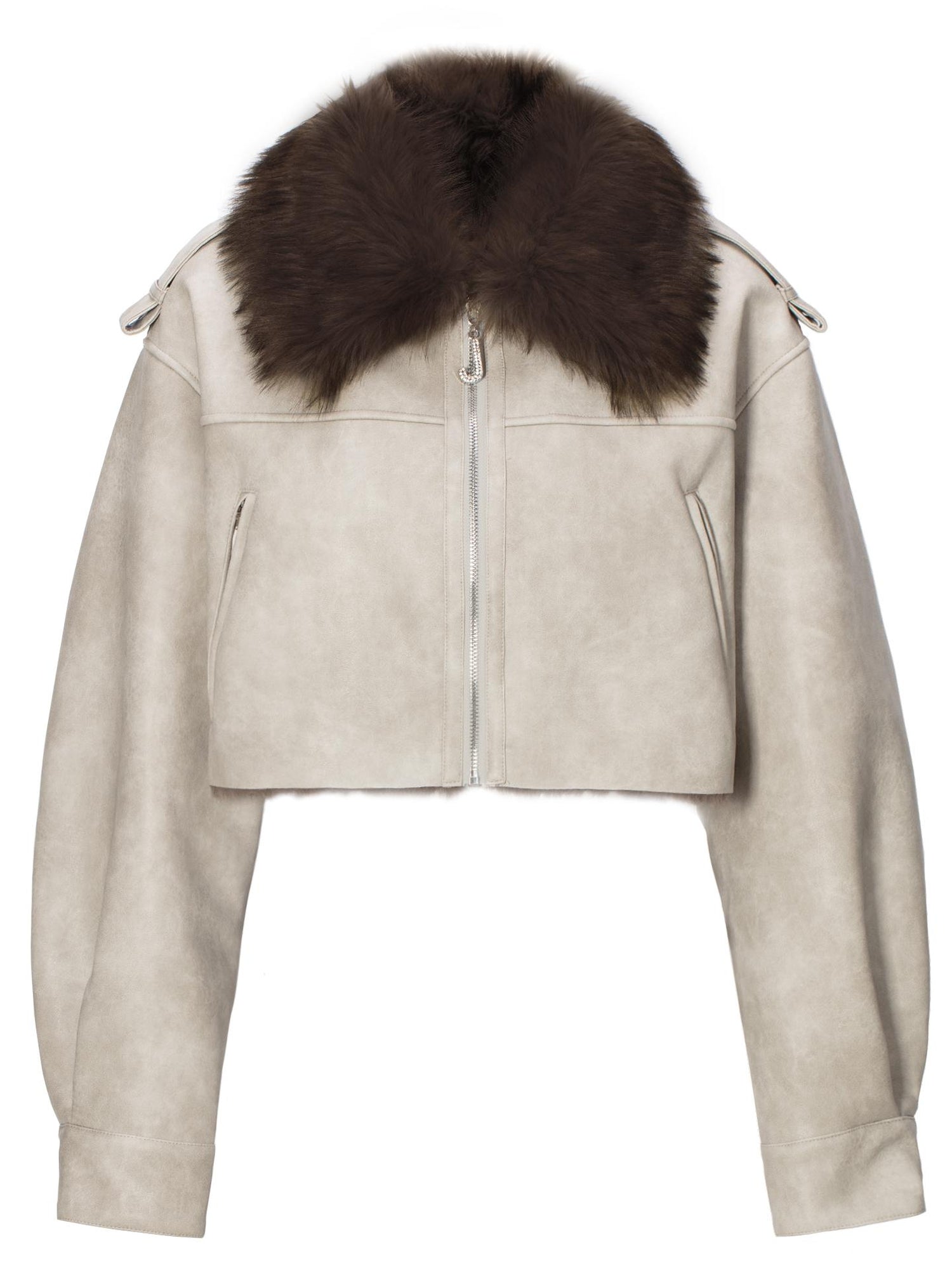 JYOSEI Distressed Boxy Cropped Leather Jacket With Fur Collar