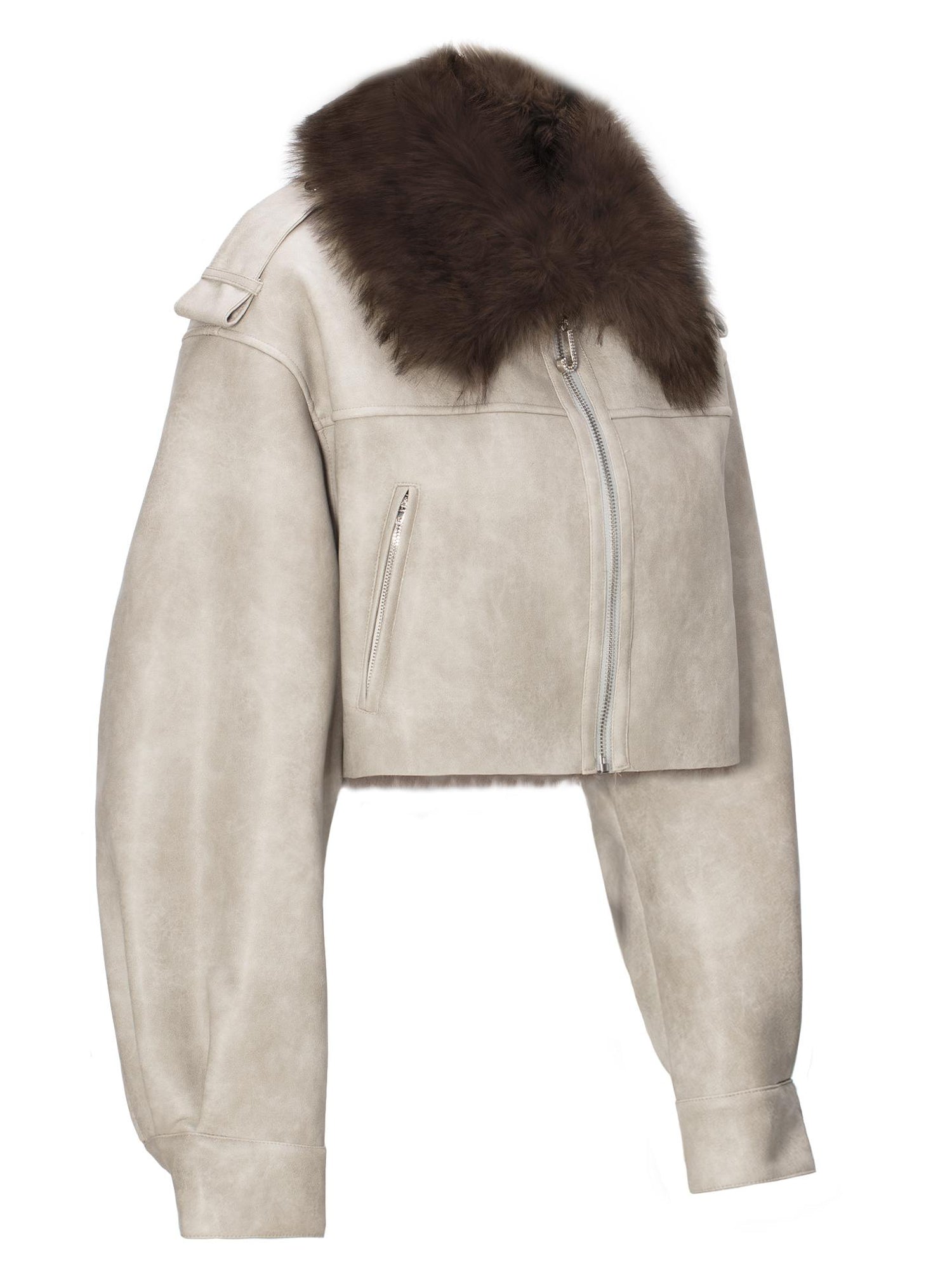 JYOSEI Distressed Boxy Cropped Leather Jacket With Fur Collar