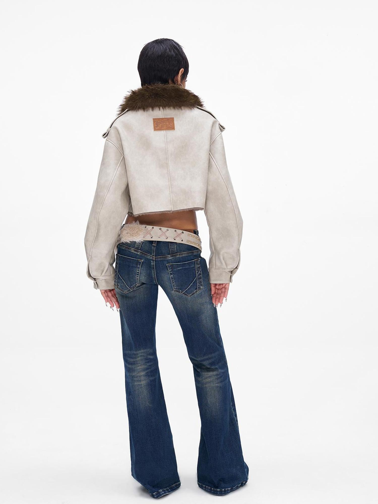 JYOSEI Distressed Boxy Cropped Leather Jacket With Fur Collar