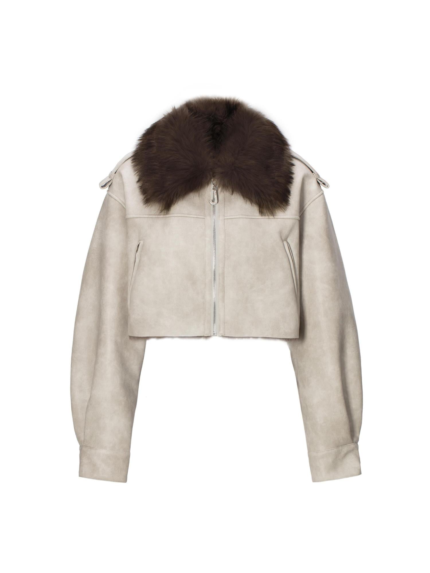 JYOSEI Distressed Boxy Cropped Leather Jacket With Fur Collar