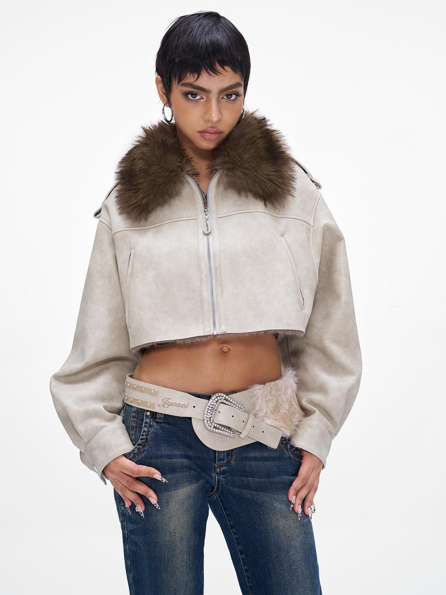 JYOSEI Distressed Boxy Cropped Leather Jacket With Fur Collar