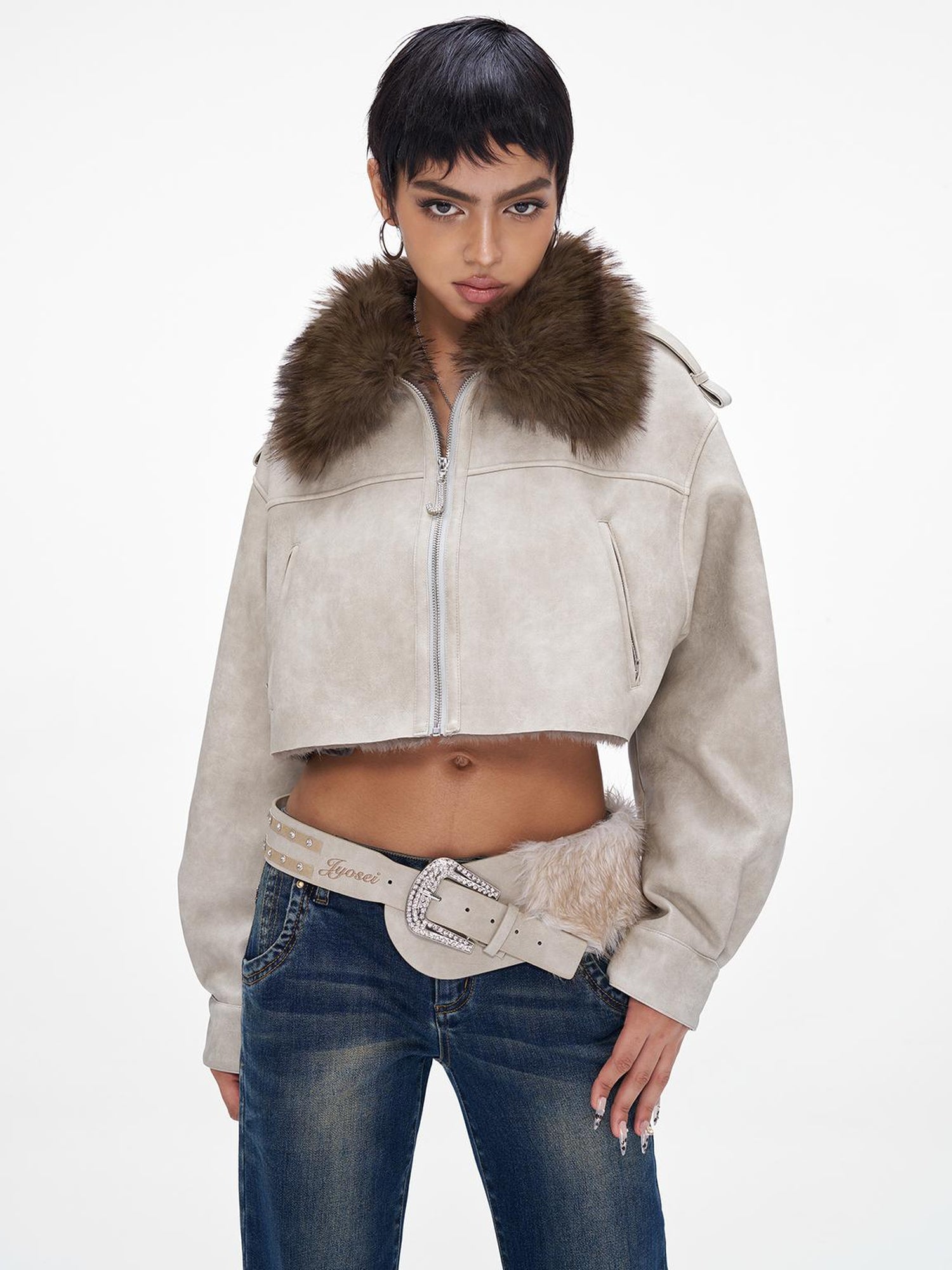 JYOSEI Distressed Boxy Cropped Leather Jacket With Fur Collar