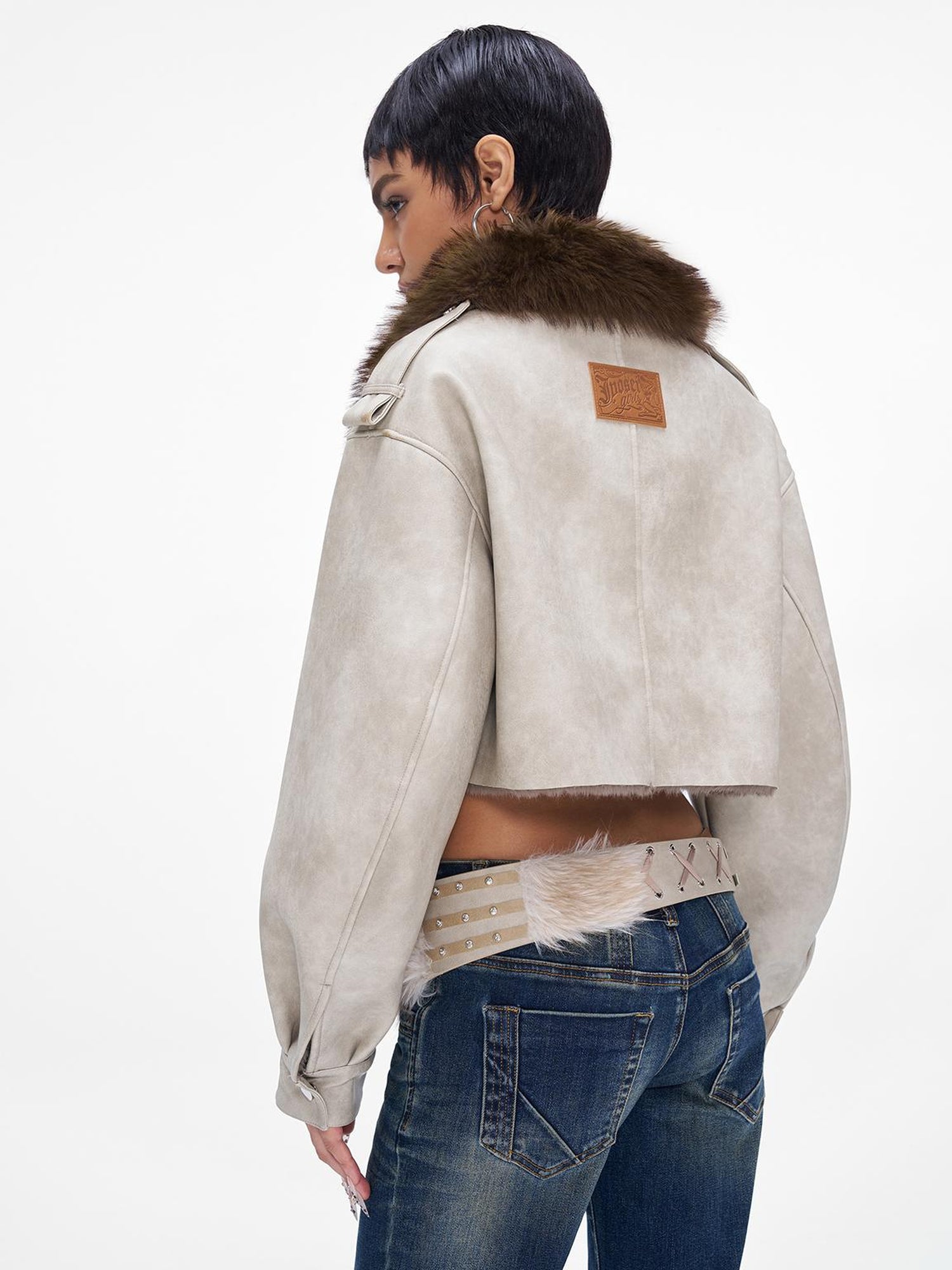 JYOSEI Distressed Boxy Cropped Leather Jacket With Fur Collar