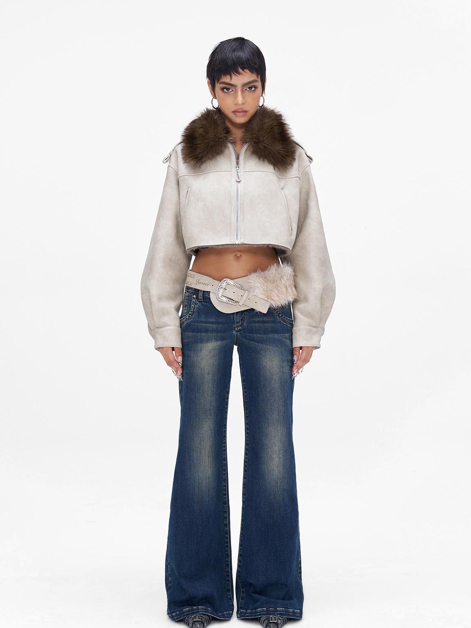 JYOSEI Distressed Boxy Cropped Leather Jacket With Fur Collar