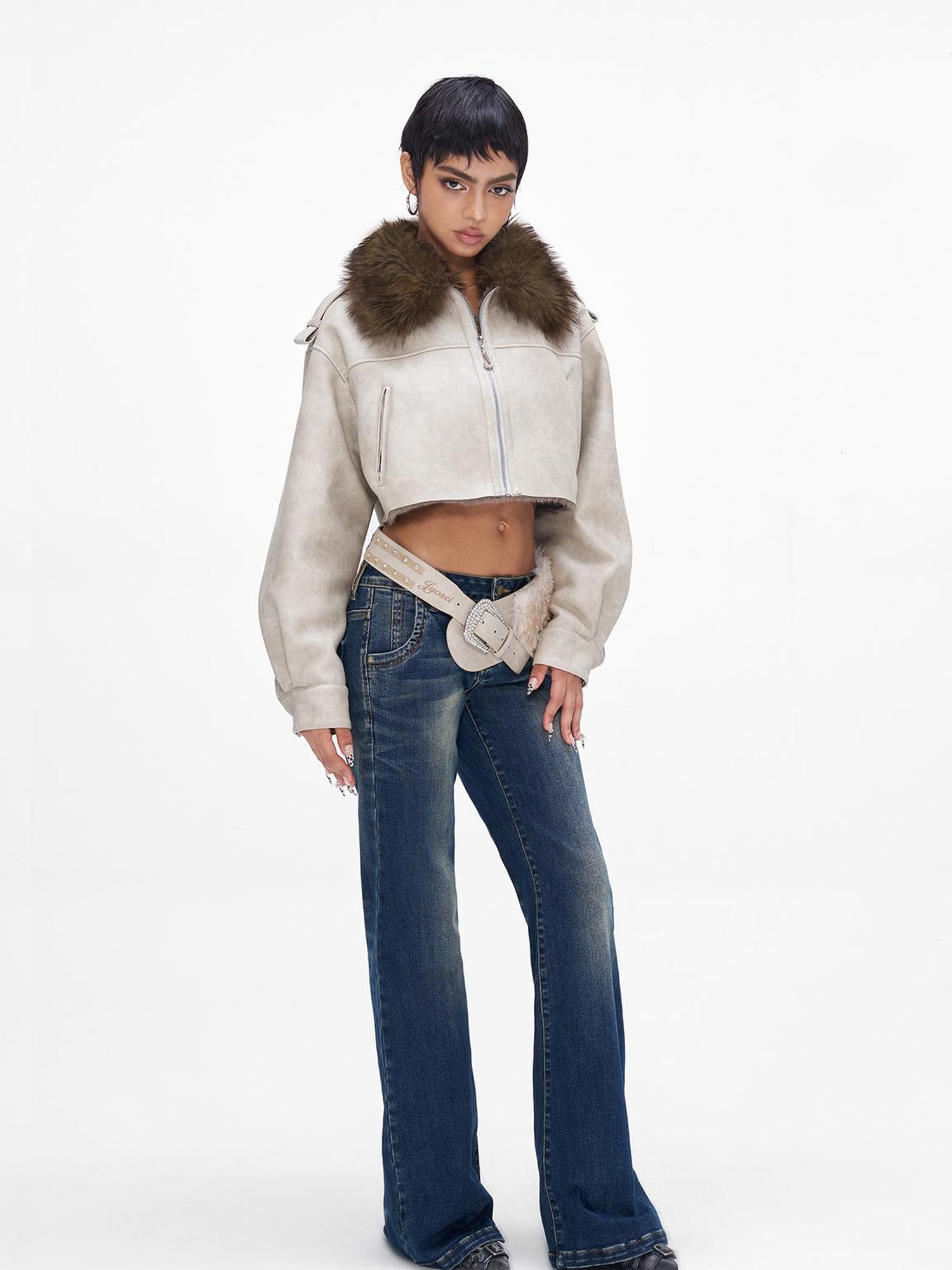 JYOSEI Distressed Boxy Cropped Leather Jacket With Fur Collar