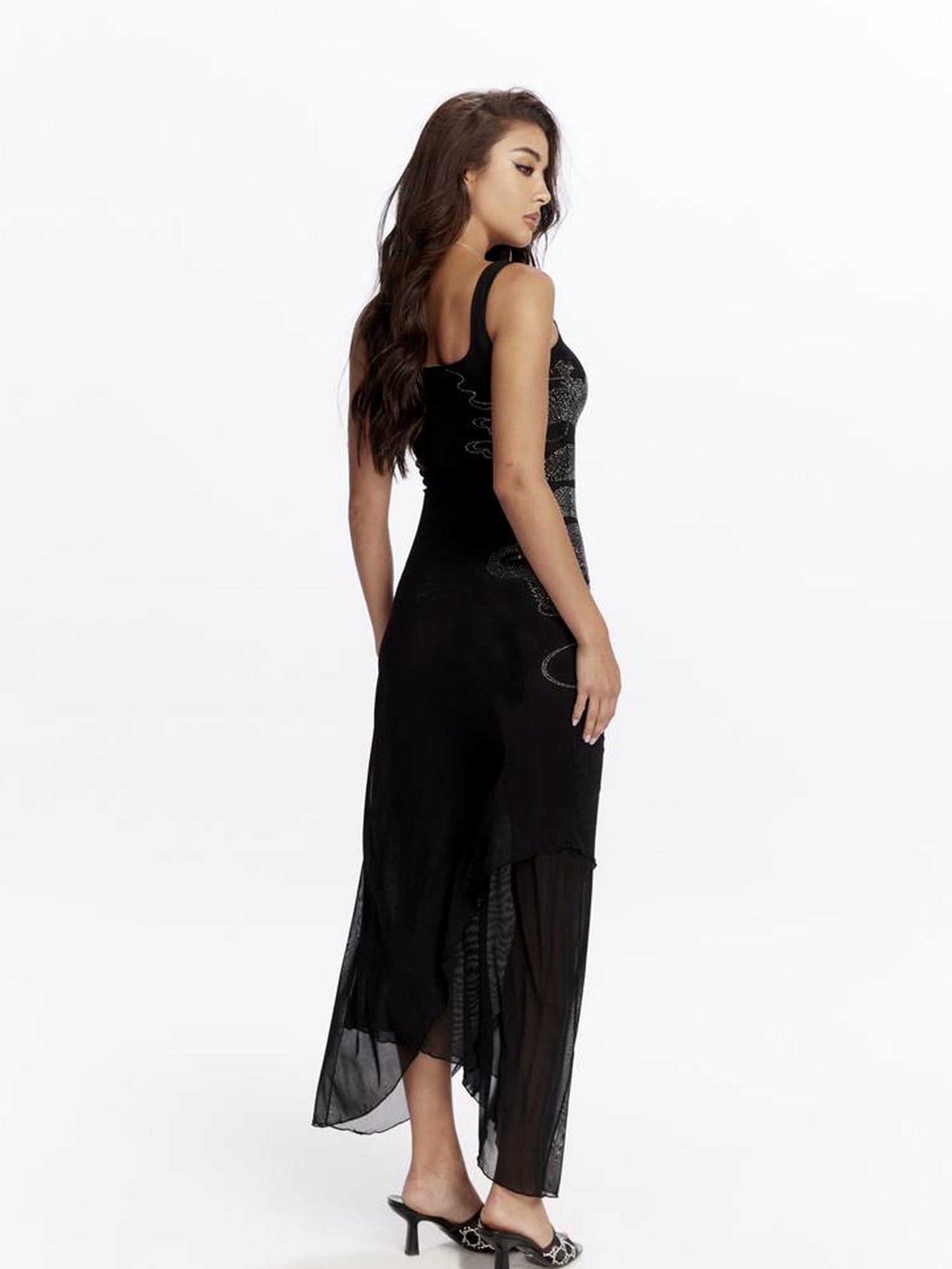 JYOSEI Dragon Embroidered Black Mesh Maxi Dress with Crystal