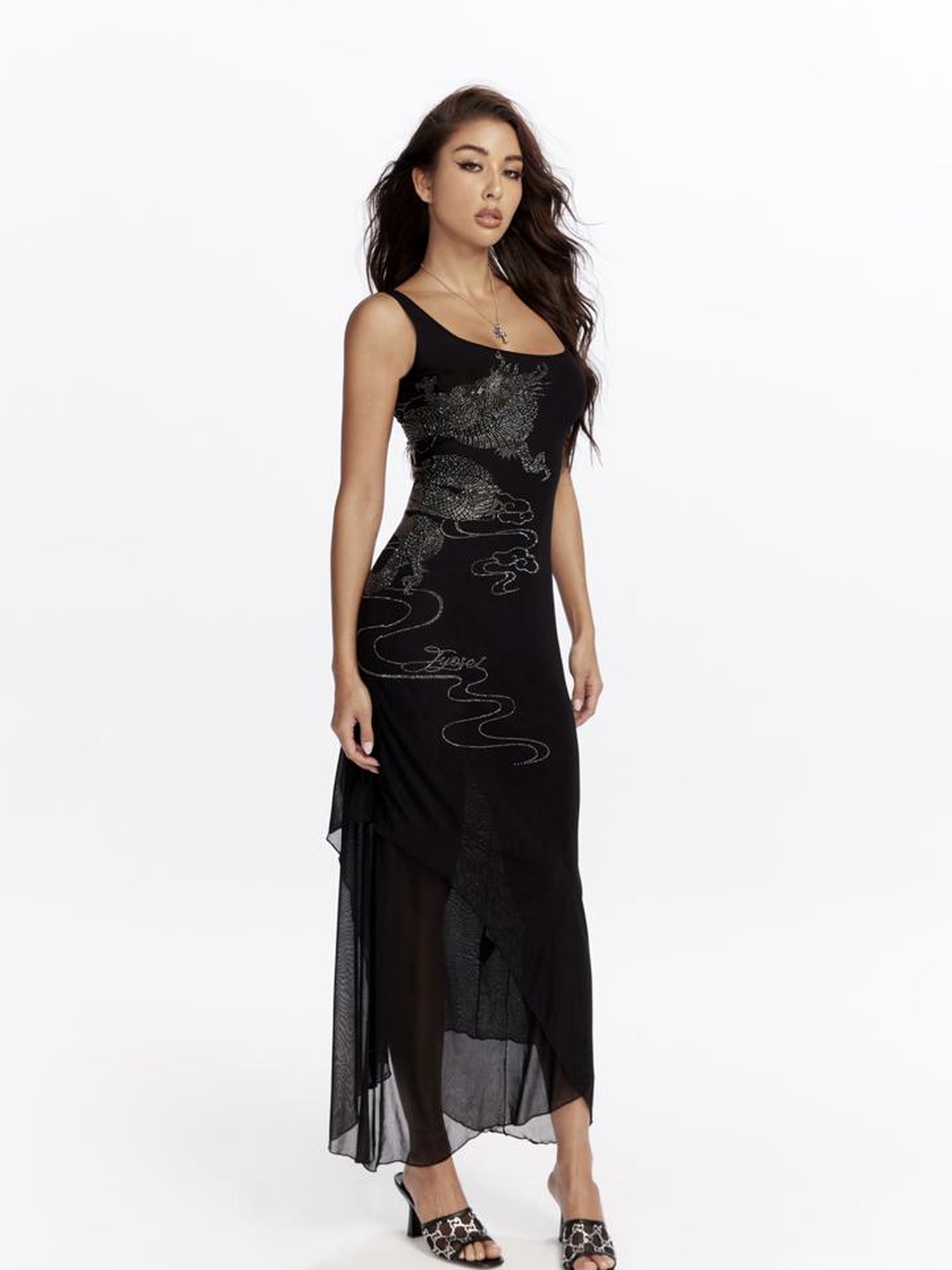 JYOSEI Dragon Embroidered Black Mesh Maxi Dress with Crystal